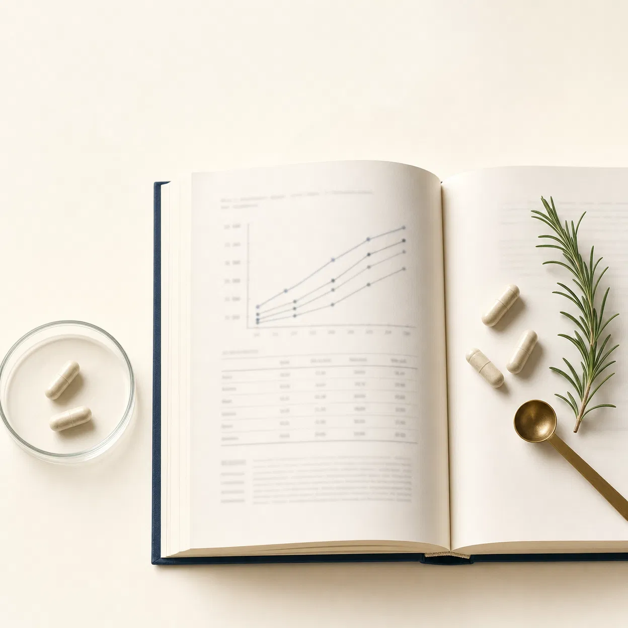Open clinical journal with chart, capsules and rosemary