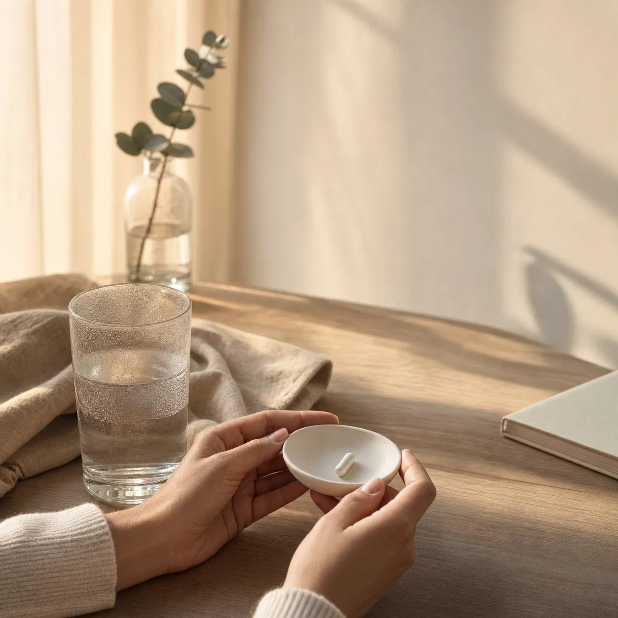 Hands holding a small dish with a capsule and a glass of water