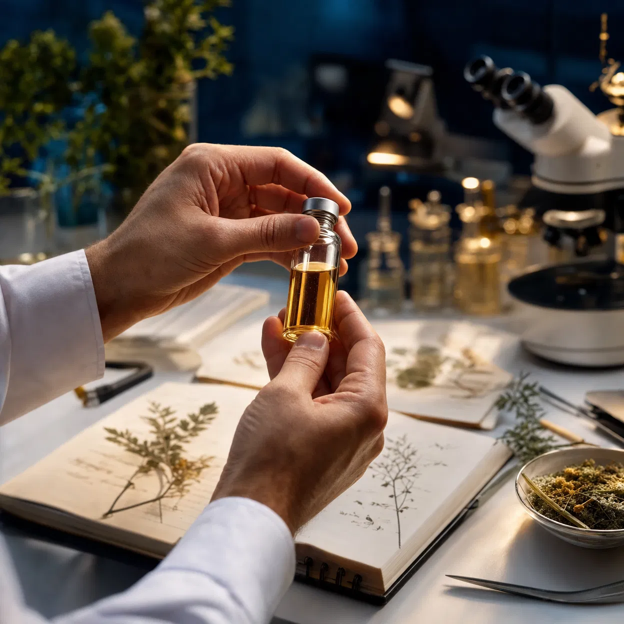 Researcher examining a botanical extract vial in a clinical laboratory