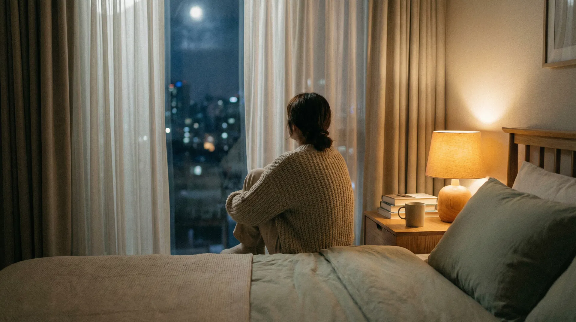 Pessoa sentada à beira da cama de noite, olhando pela janela com luz suave de candeeiro, atmosfera serena e introspectiva
