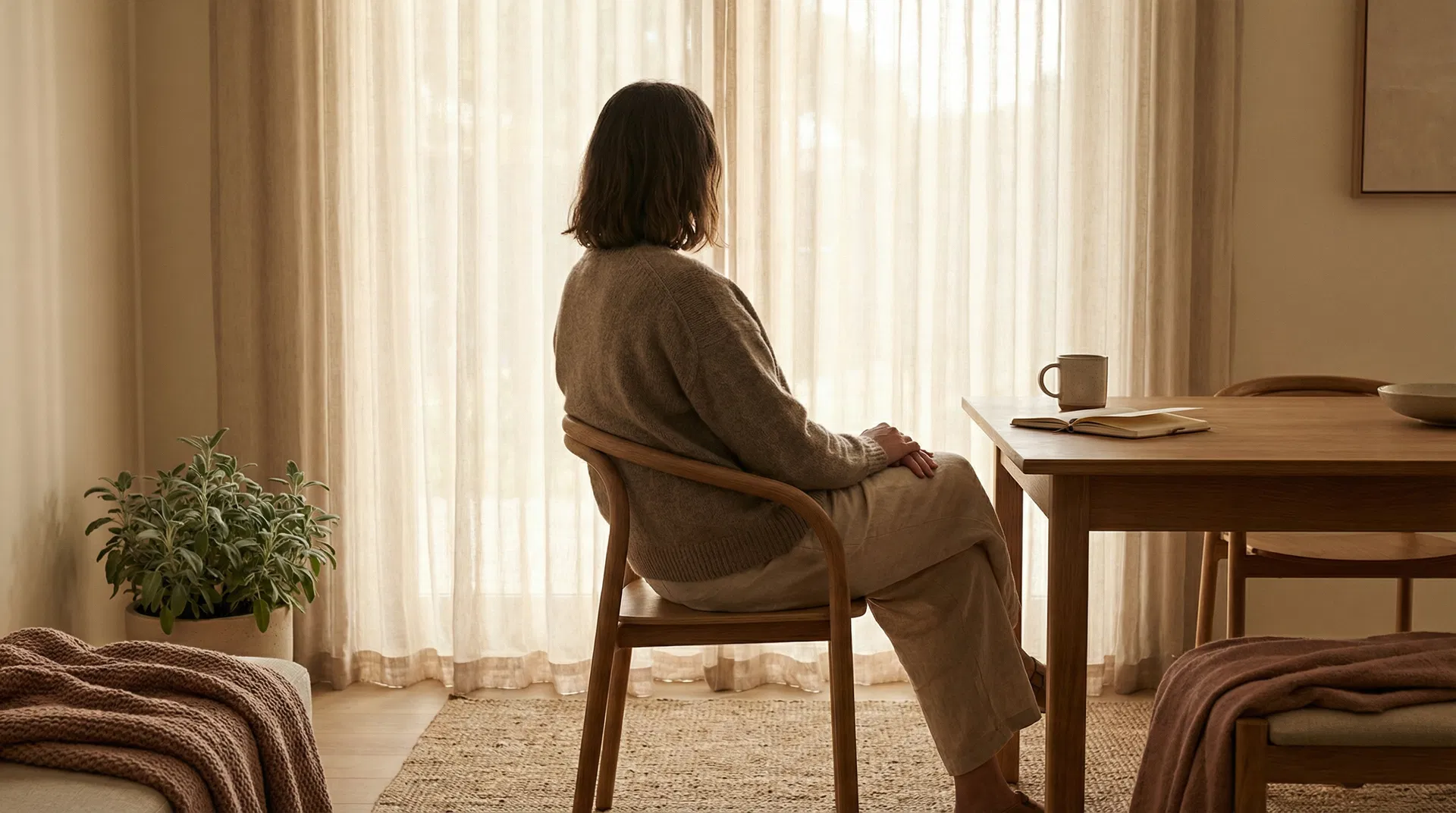 Pessoa sentada junto a uma janela em reflexão silenciosa, luz natural suave, tons quentes e serenos