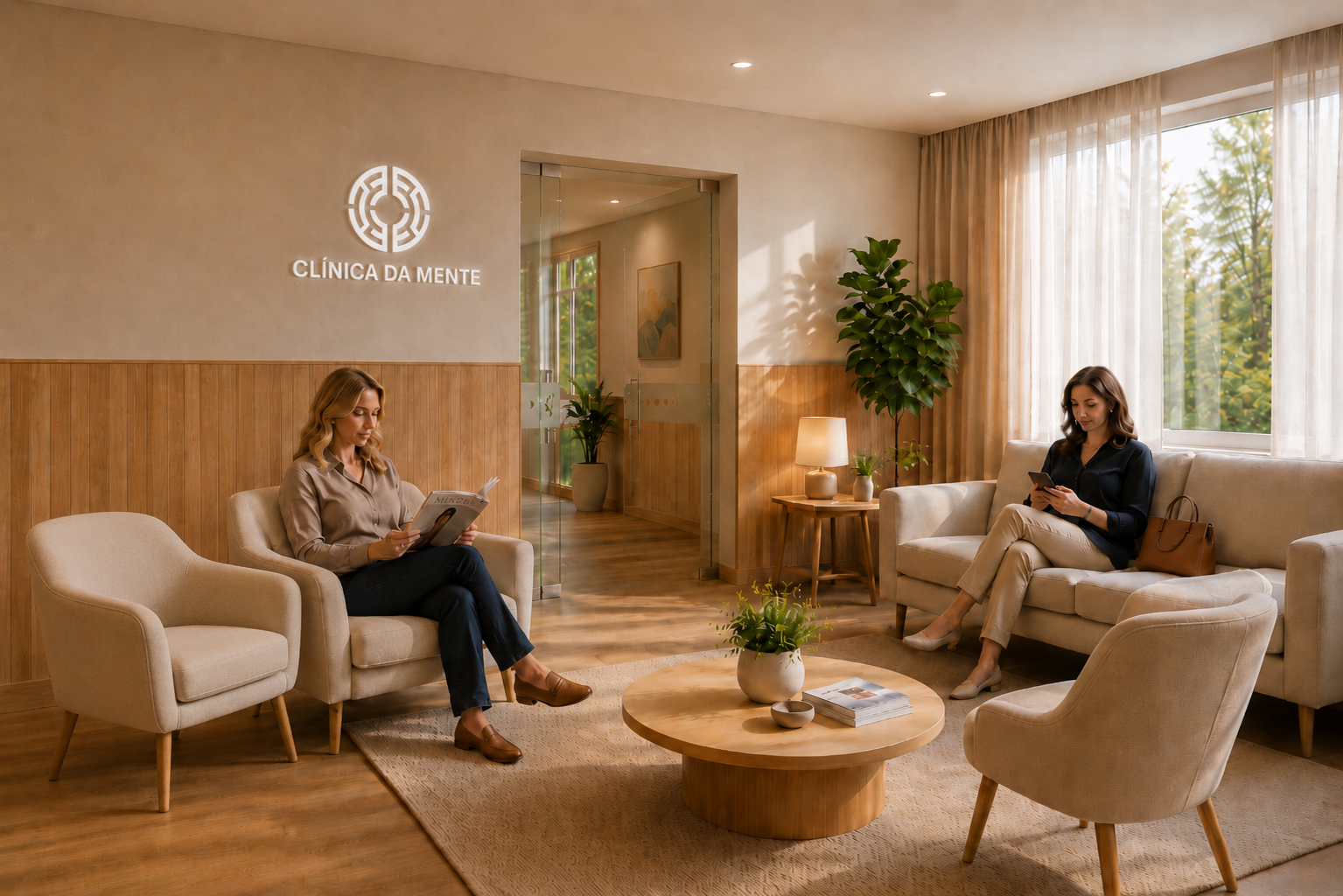 Sala de espera da Clínica da Mente — ambiente acolhedor e sereno