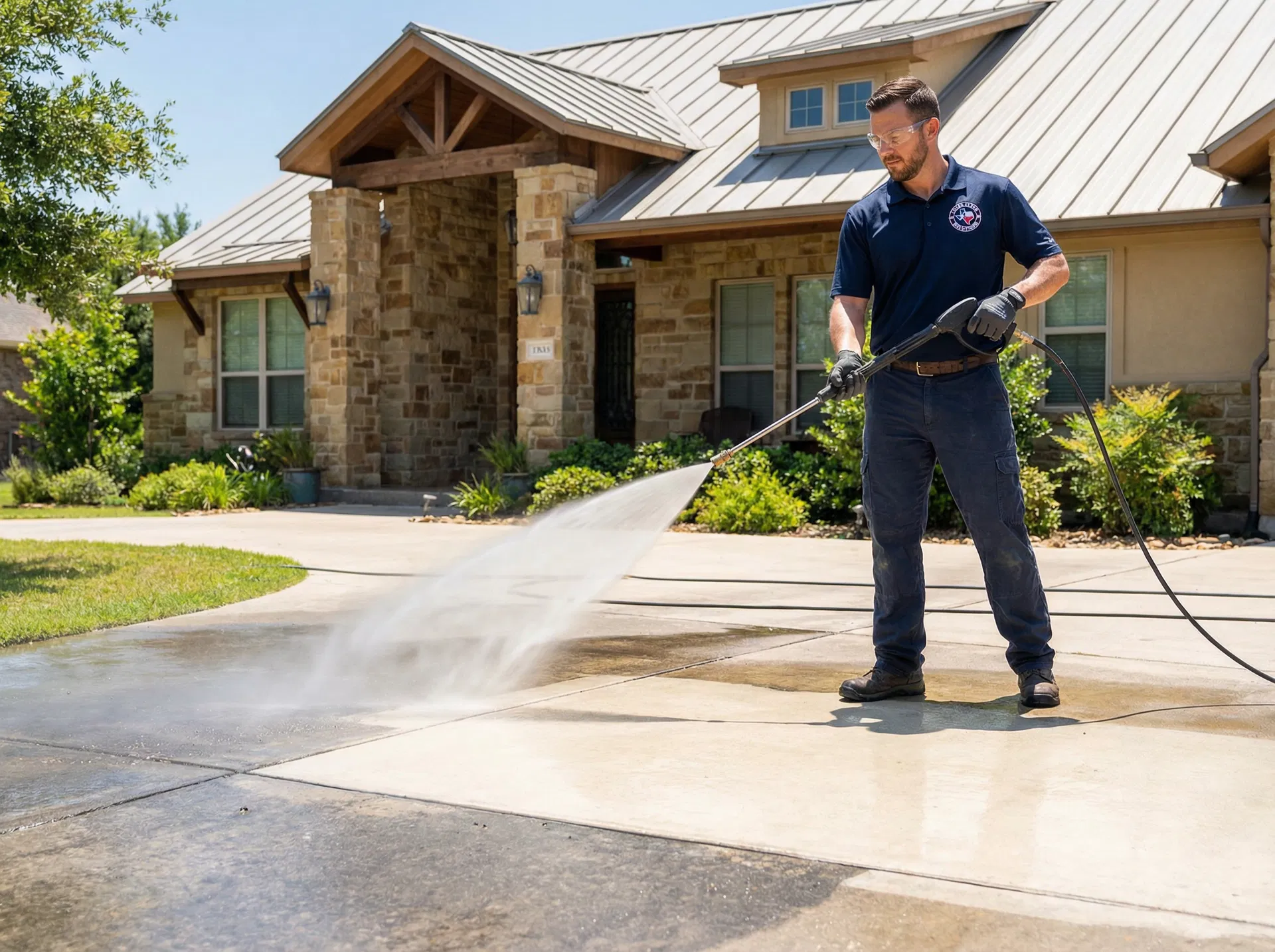 Professional pressure washing a driveway