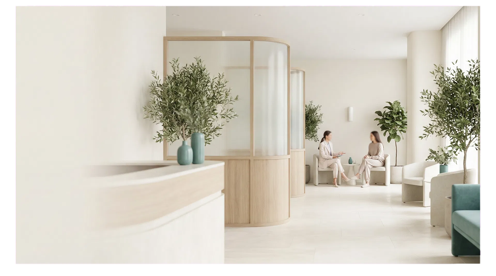 やわらかな光が差し込む消化器内科の待合空間イメージ