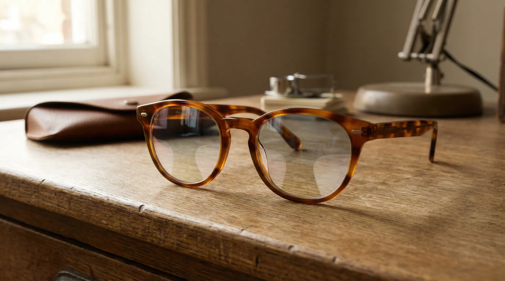 Hochwertige Gleitsichtbrille auf einem Holztisch