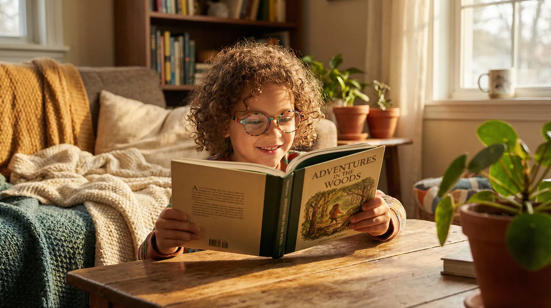 Kind mit bunter Brille liest ein Buch