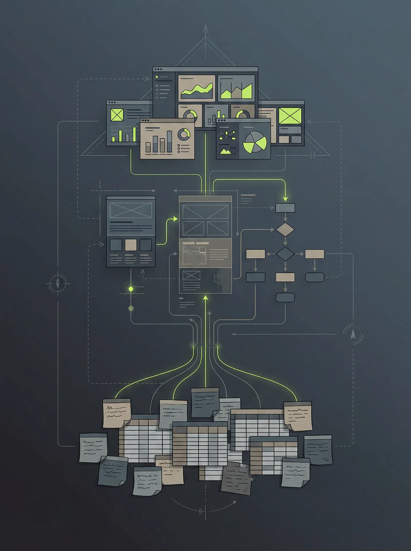 Abstract visual showing messy workflows turning into clean software architecture