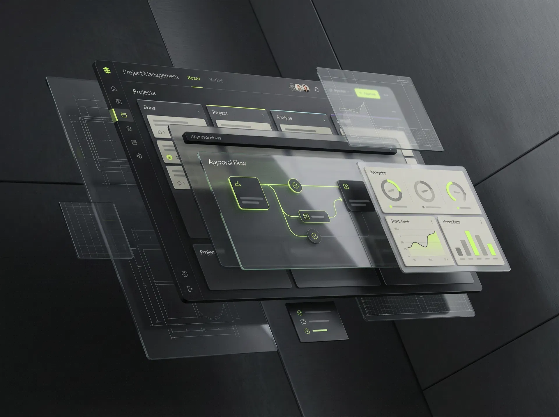 Layered visual of bespoke portals, dashboards, and software modules