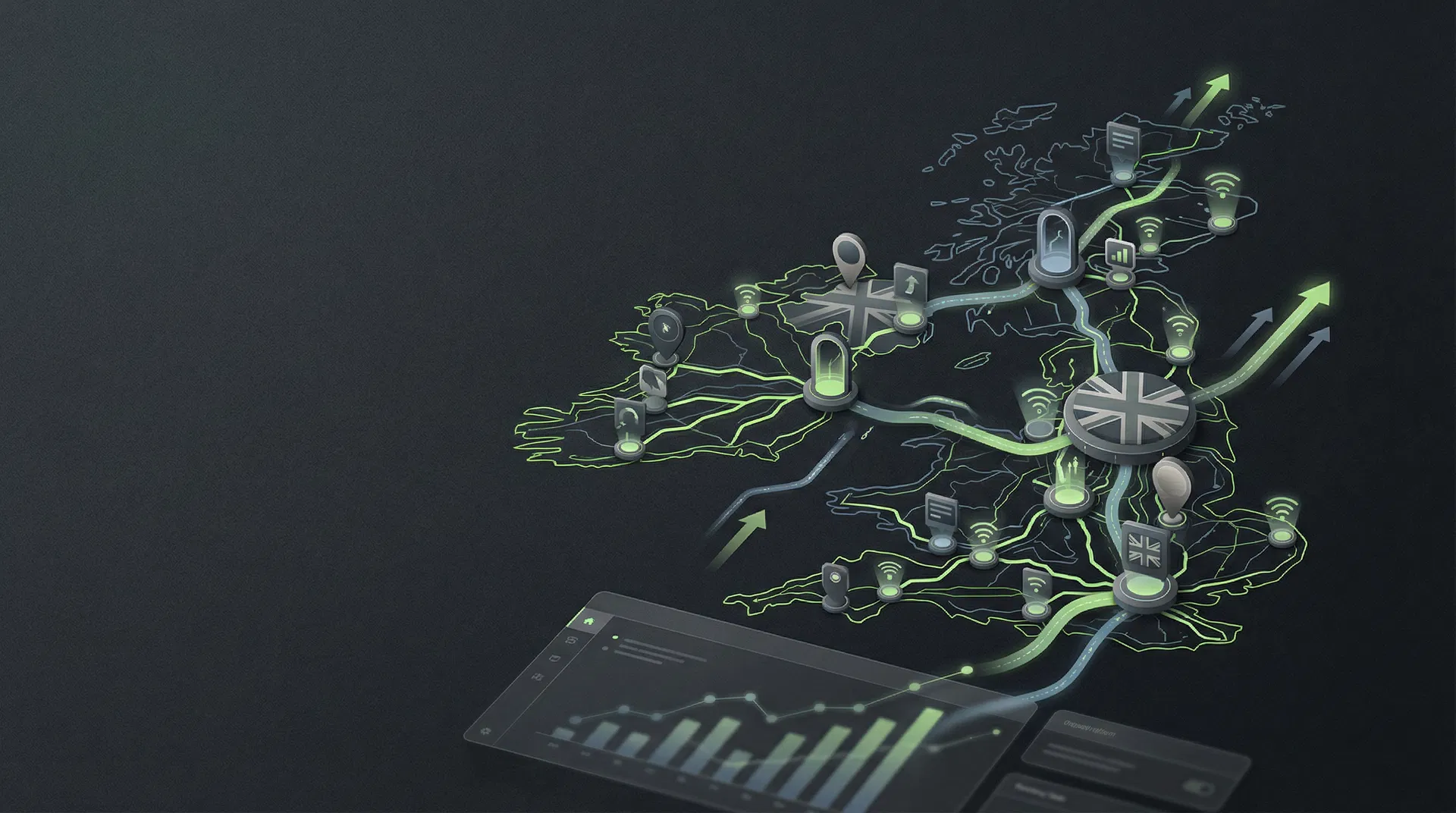 Abstract UK growth network visual representing software systems and connected business operations