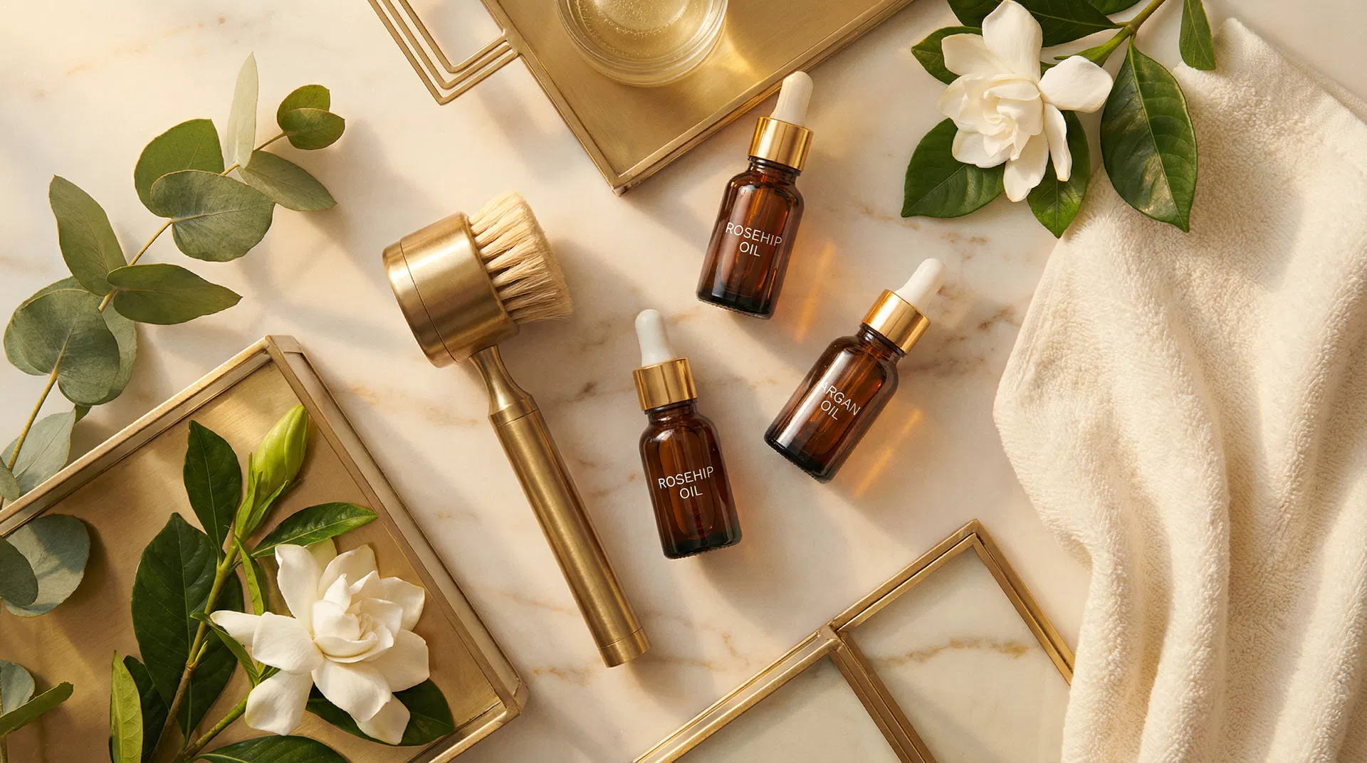 Produits de soin naturels et brosse nettoyante sur une surface en marbre avec des huiles essentielles