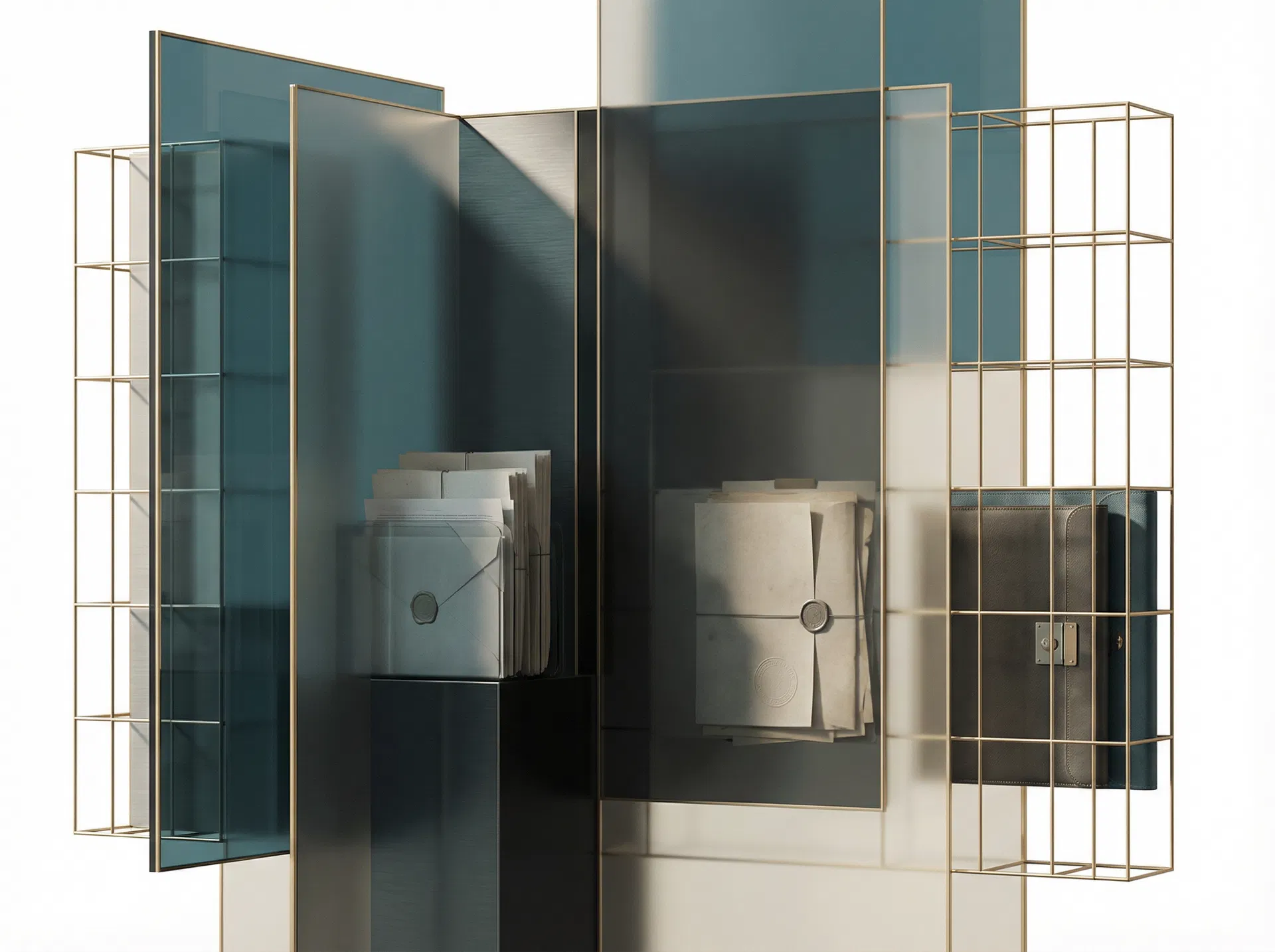 Painéis vítreos e estrutura documental representando governança e compliance