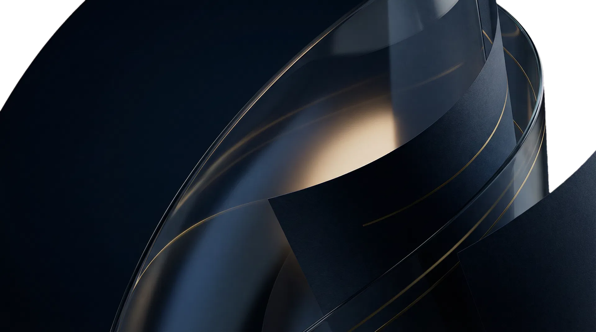 Superfícies sofisticadas em azul escuro e reflexos dourados representando confiança estratégica