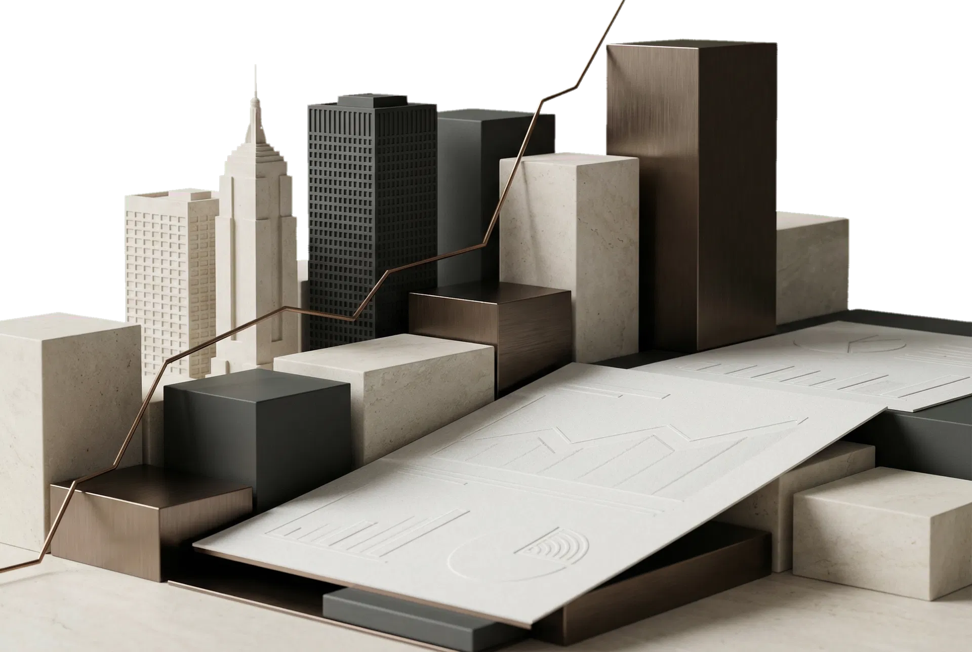 Estrutura visual abstrata de crescimento corporativo com materiais sofisticados e linha ascendente