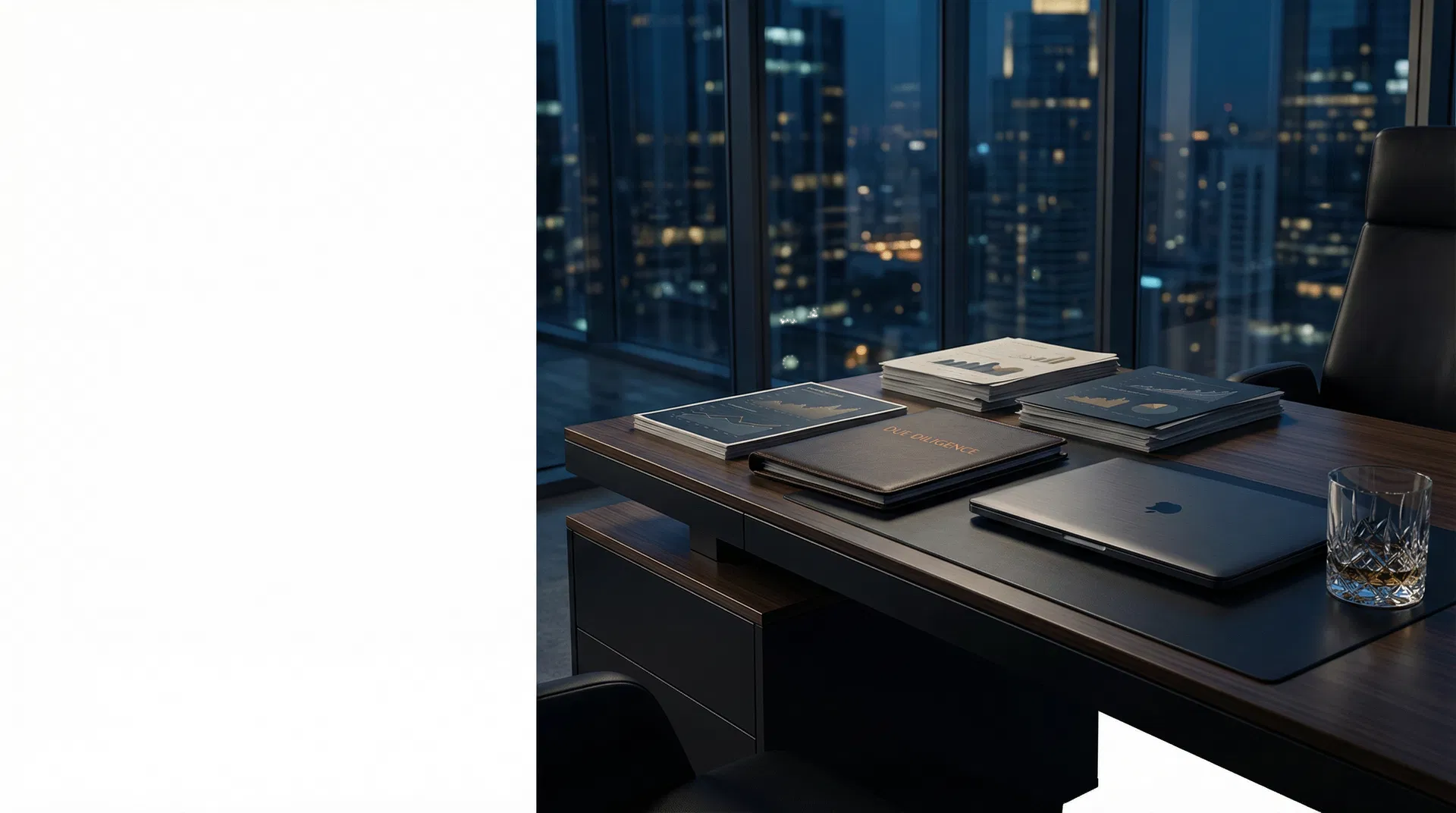 Ambiente corporativo sofisticado com documentos e mesa executiva representando uma operação estruturada de captação empresarial