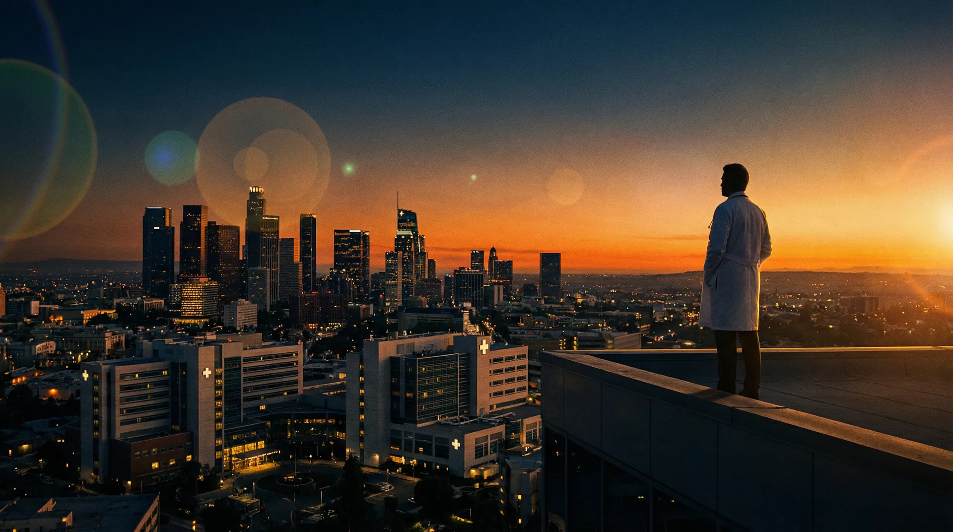 Médico brasileiro olhando o horizonte de uma cidade nos Estados Unidos