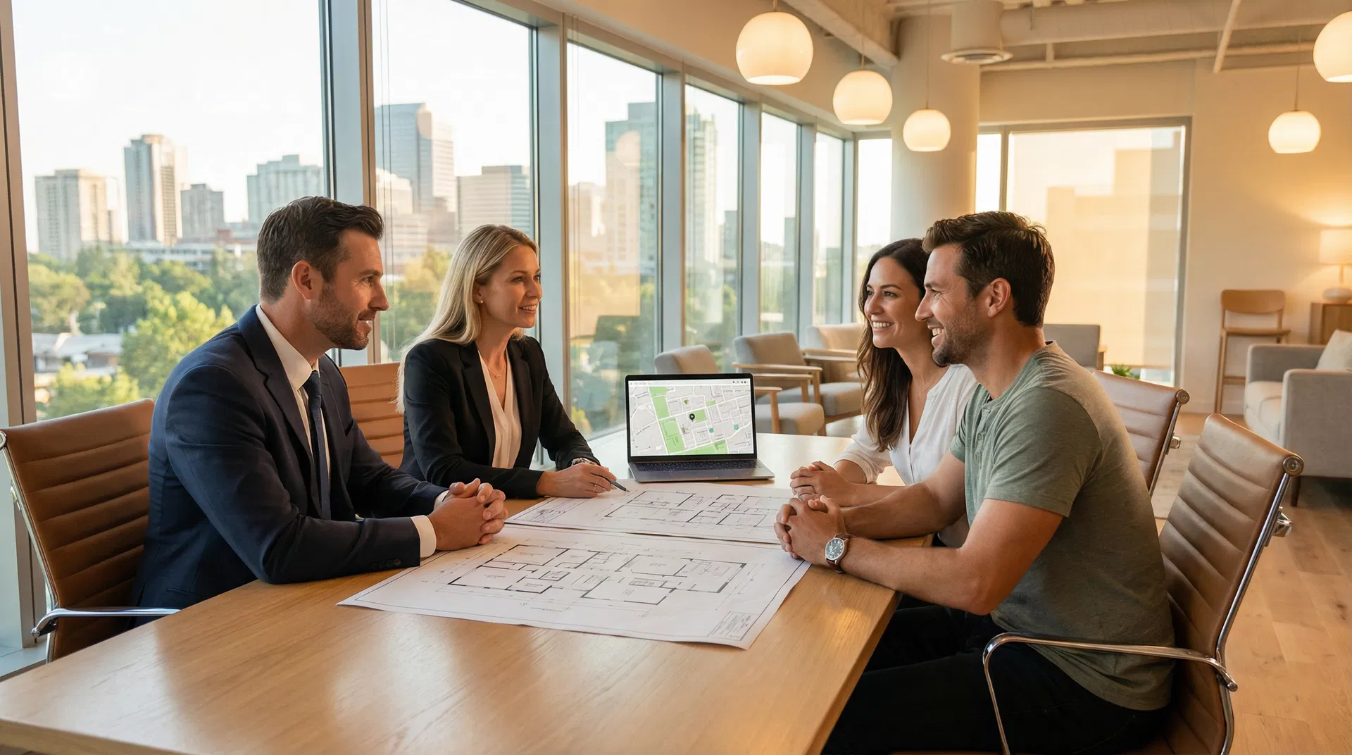 Real estate advisors reviewing floor plans and neighborhood map with buyers at a modern office