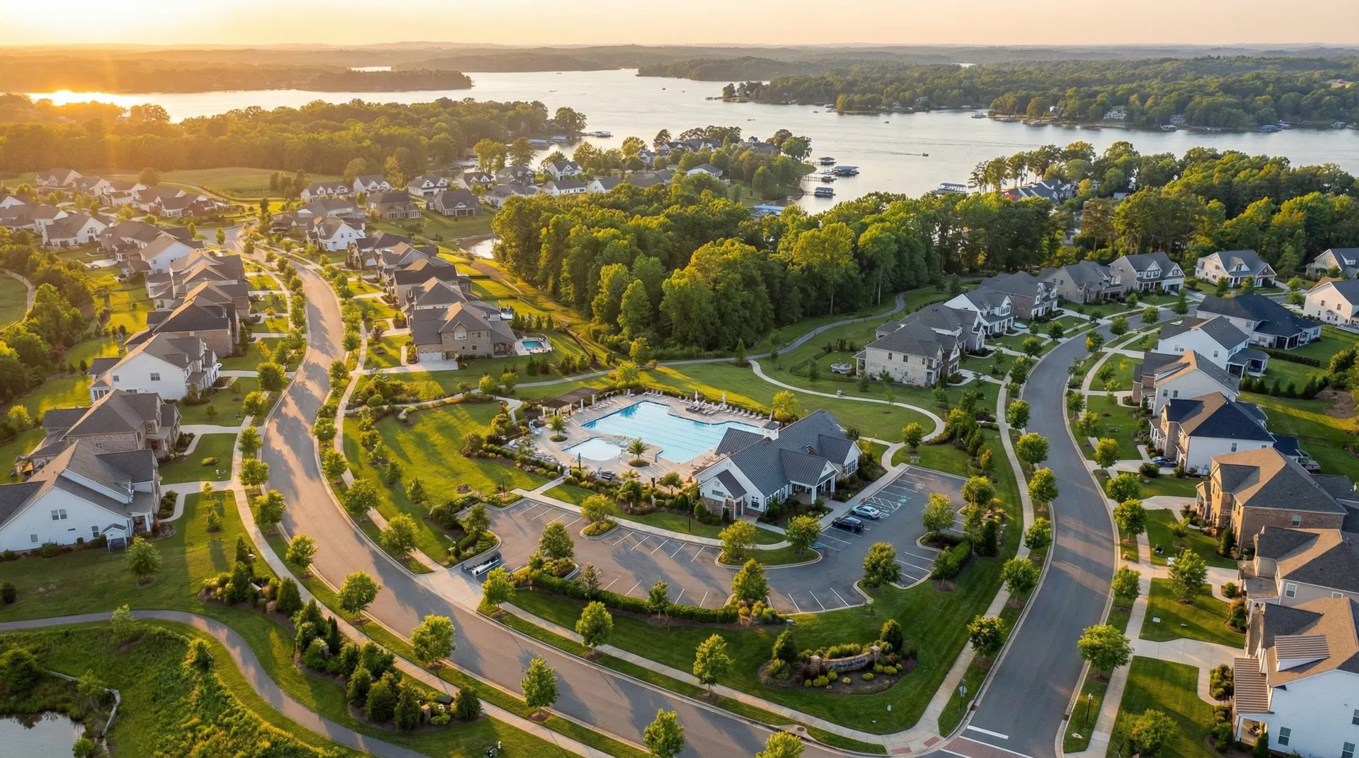 Aerial view of a Lake Wylie master-planned community near Charlotte NC at golden hour