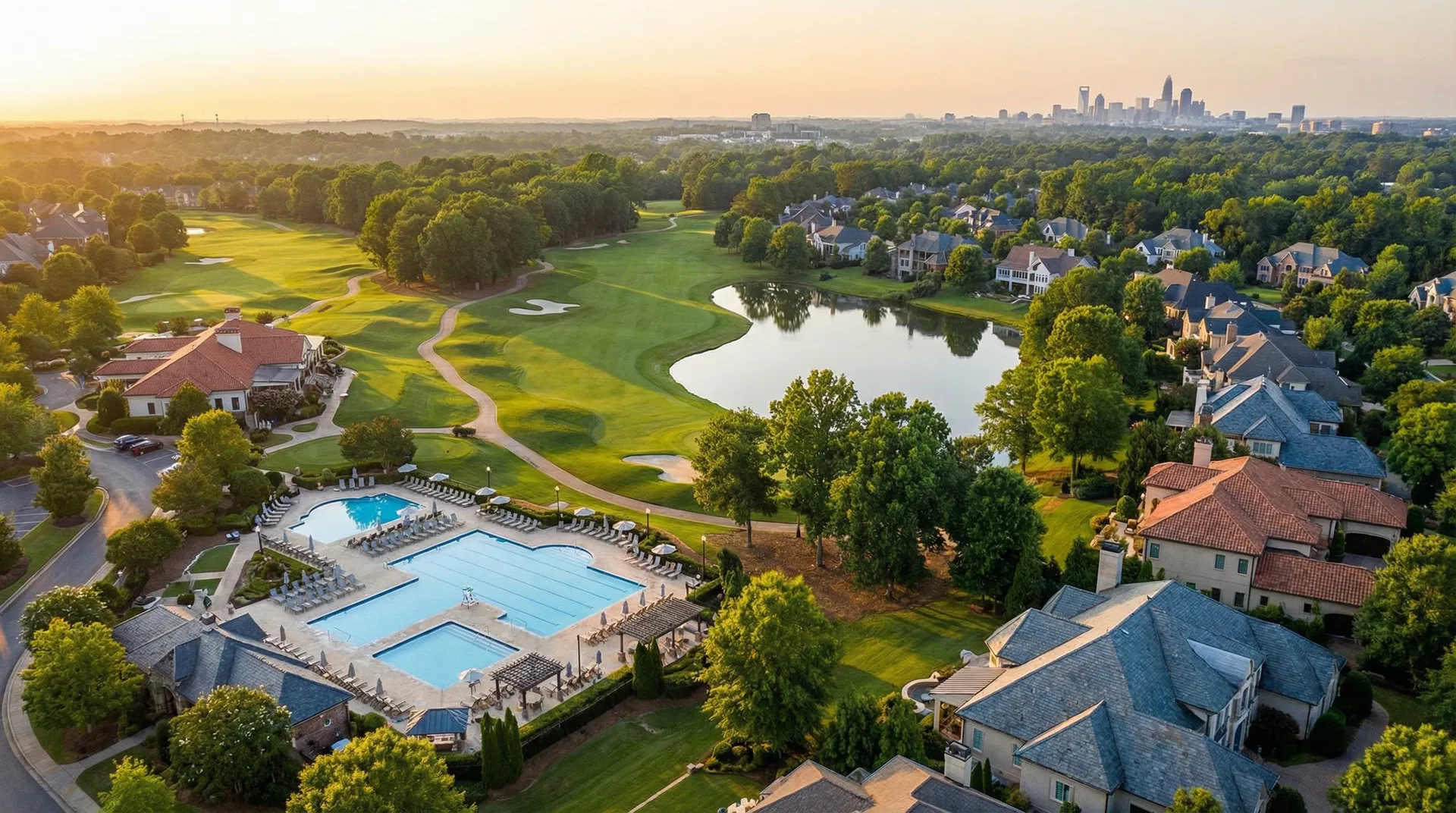 The Palisades community amenities including golf course, resort pool, and lake views in Charlotte NC