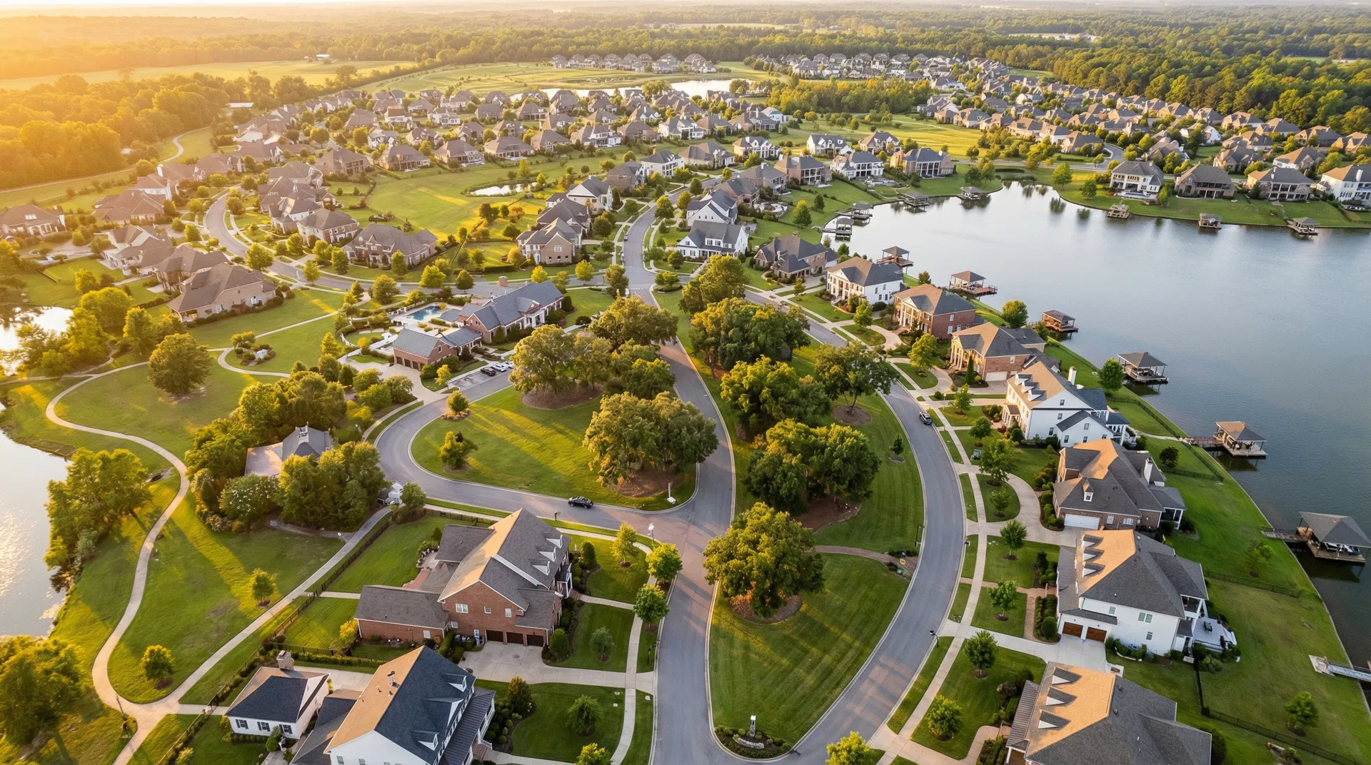 Aerial view of master-planned community near lake in Charlotte NC
