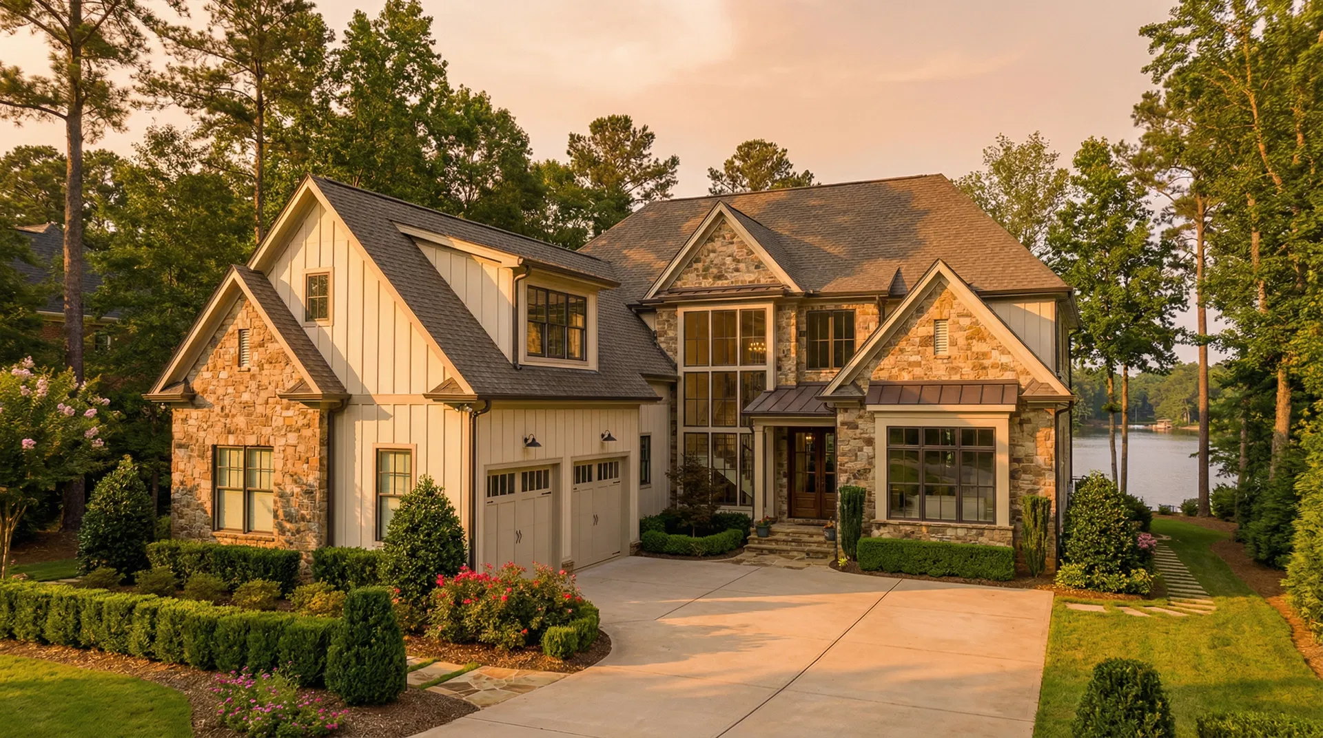 Luxury new construction home exterior near Lake Wylie Charlotte NC at golden hour