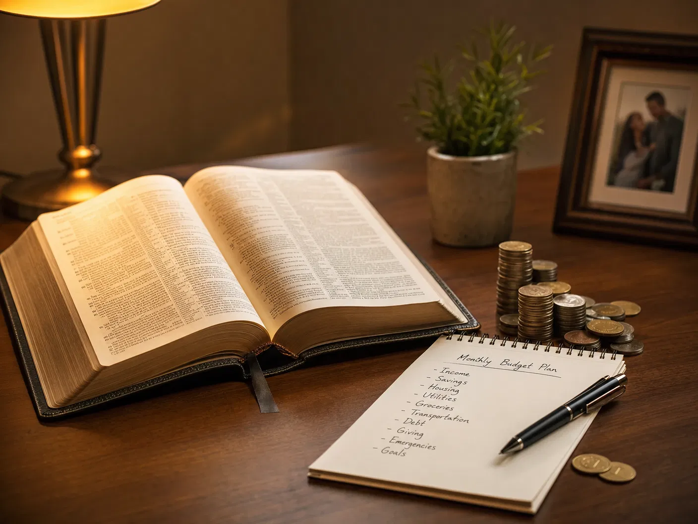 Open Bible with budget plan — faith meets finance