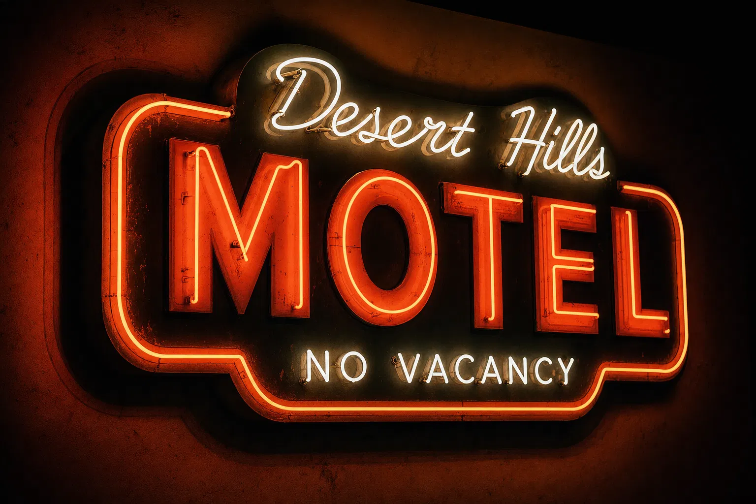 Vintage neon motel sign glowing in dark room - sell neon signs Las Vegas antique advertising
