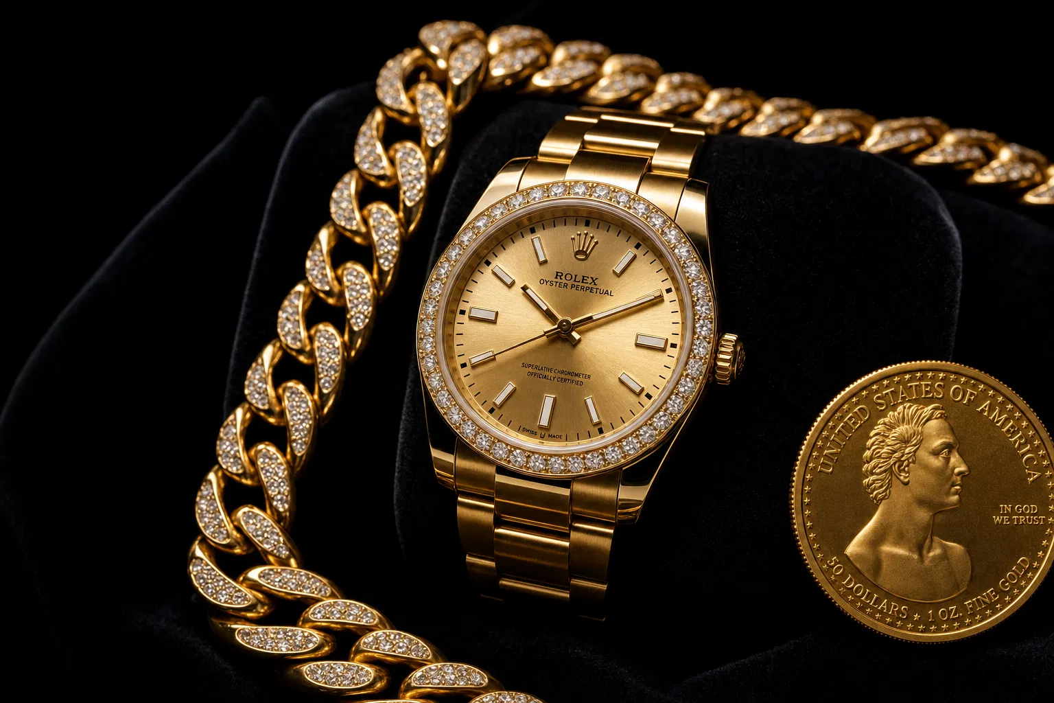 Rolex Oyster Perpetual gold Cuban link chain luxury jewelry Las Vegas - sell Rolex Las Vegas