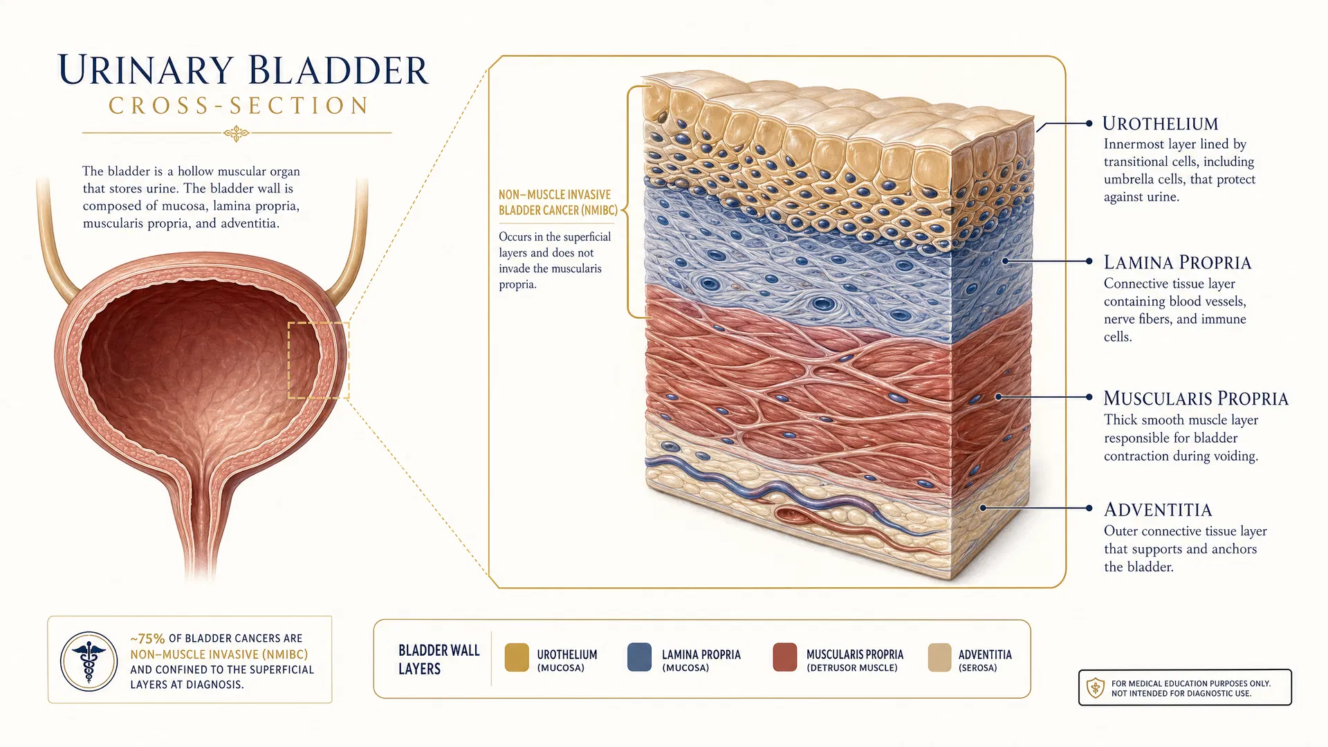 Urinary bladder cross-section showing urothelium, lamina propria, and muscularis propria layers