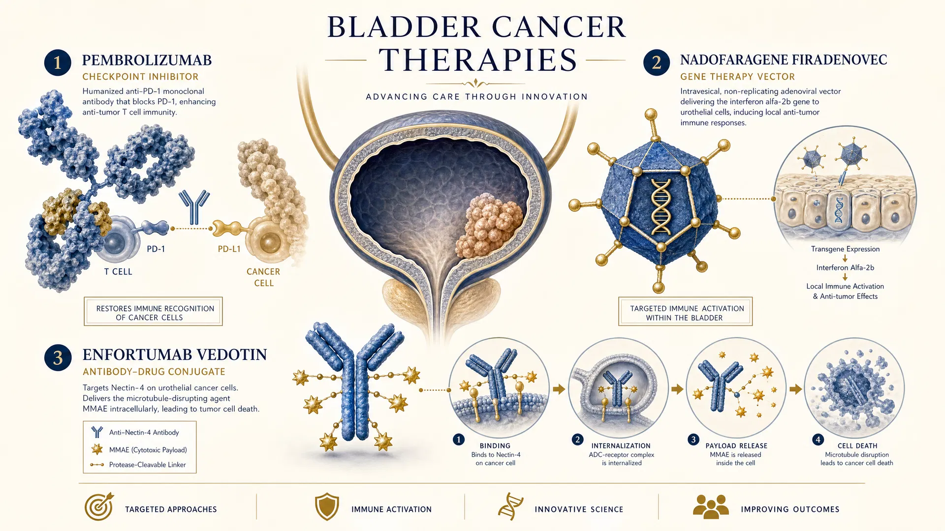 Illustration of three novel bladder cancer therapies