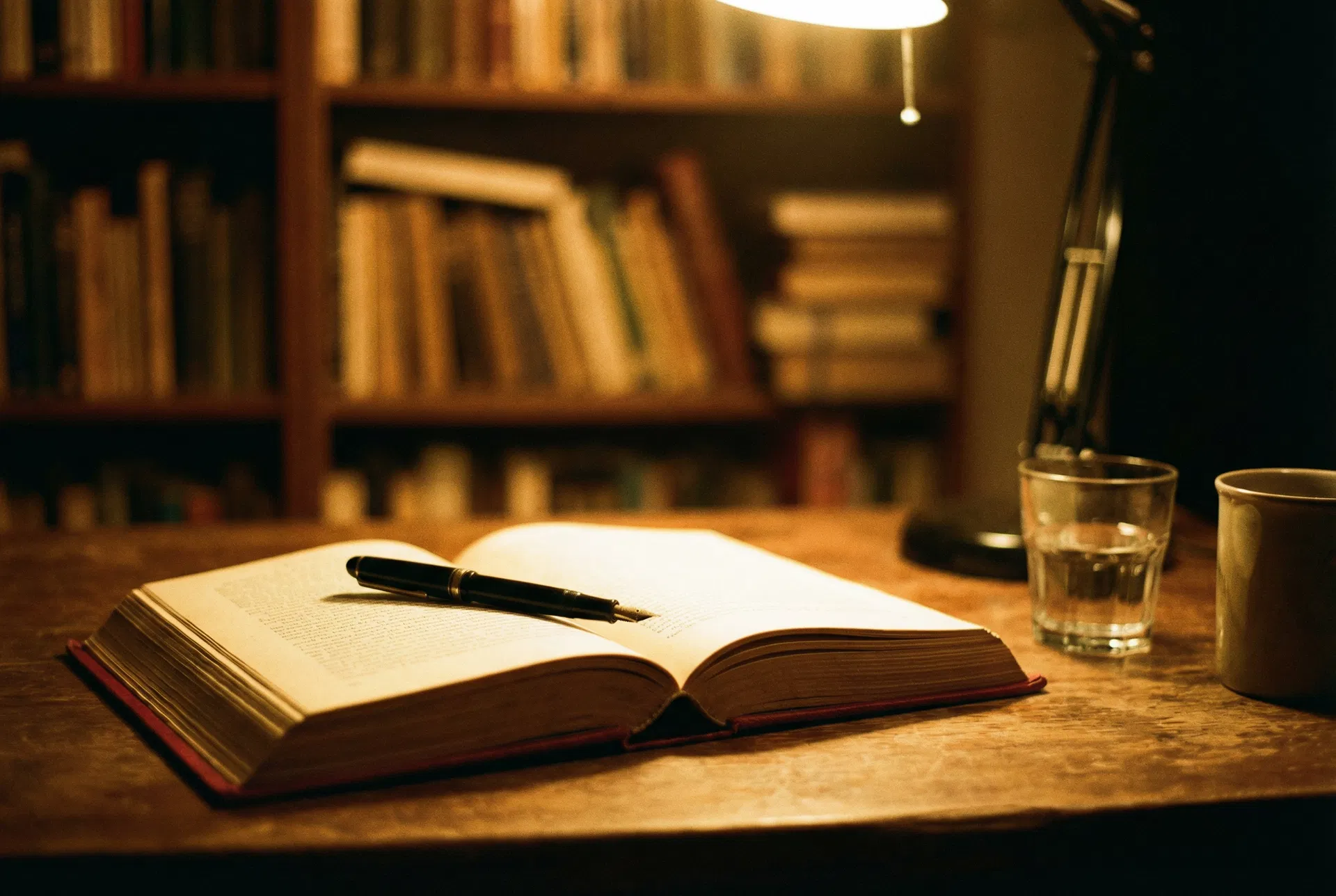 Mesa de estudo com livro aberto e caneta