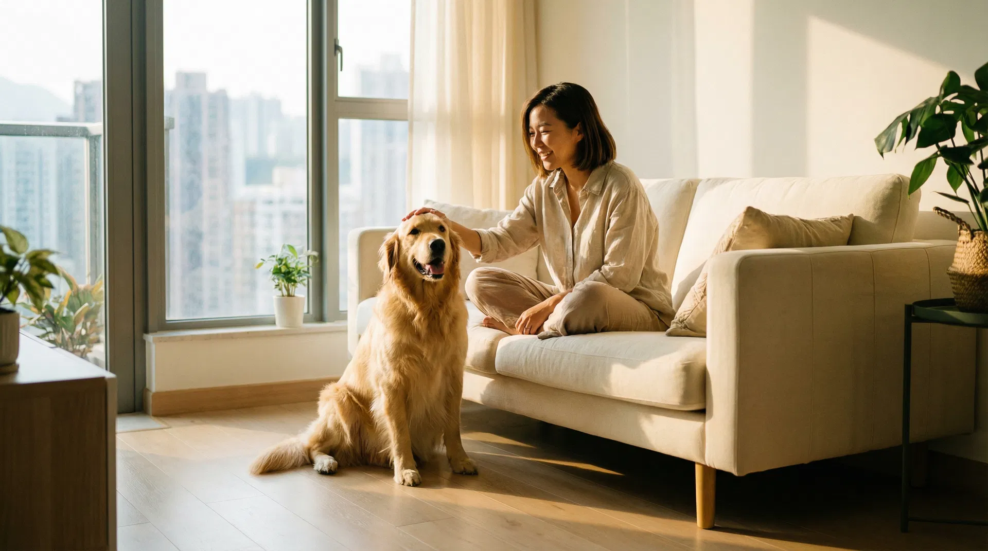 Happy pet owner with golden retriever