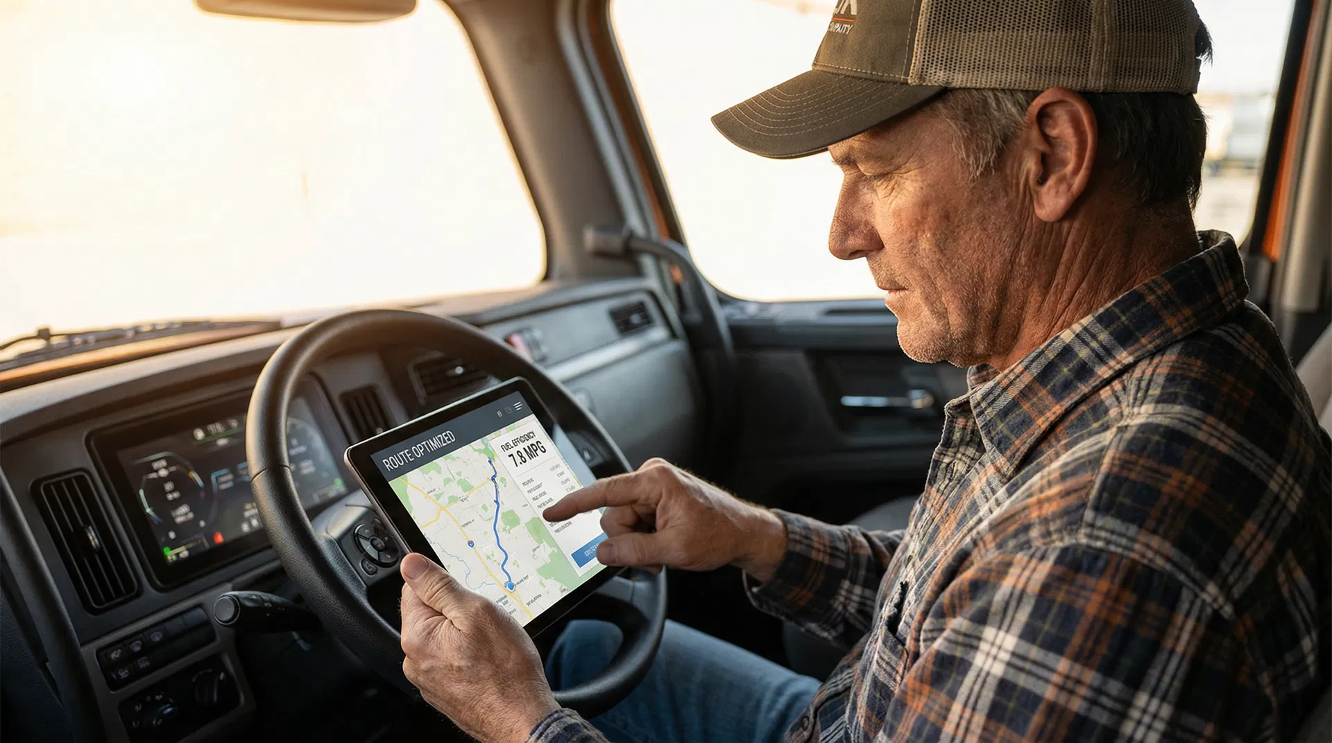Truck driver reviewing route optimization and fuel efficiency data on tablet in cab