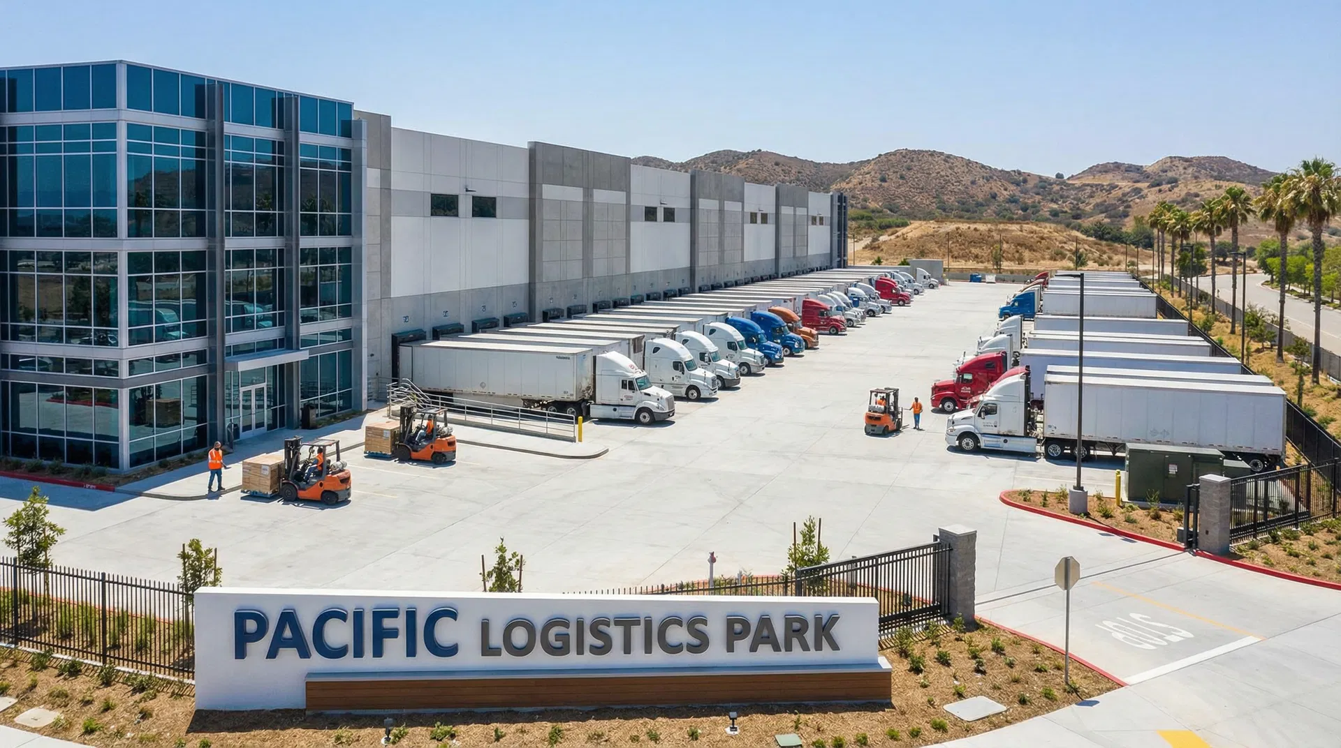 Inland Empire warehouse and distribution center with freight trucks at loading docks