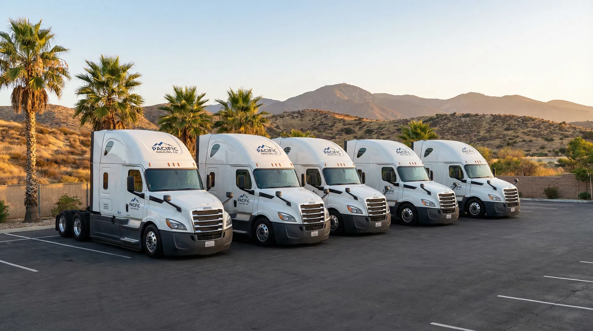 Small fleet of branded semi-trucks parked in Southern California yard at sunset with mountains behind