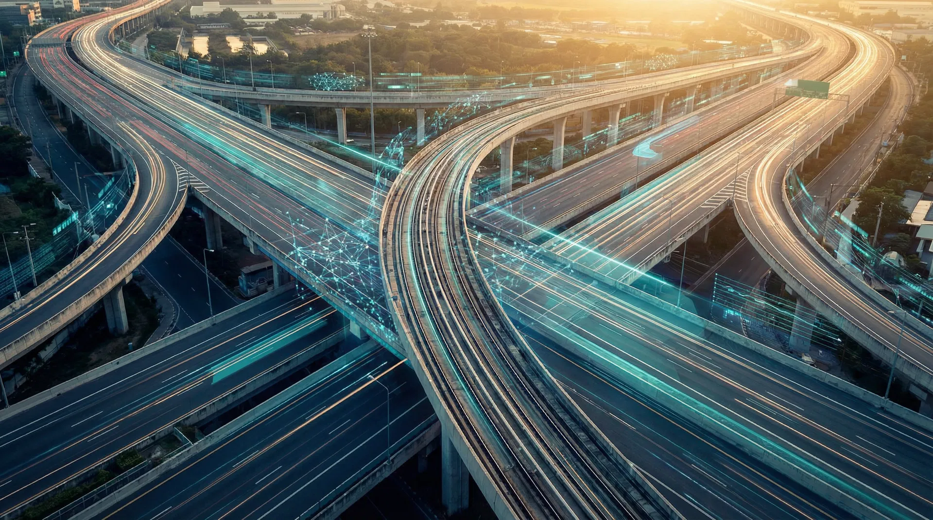 Modern transportation infrastructure with digital technology overlay representing data-driven logistics and automation