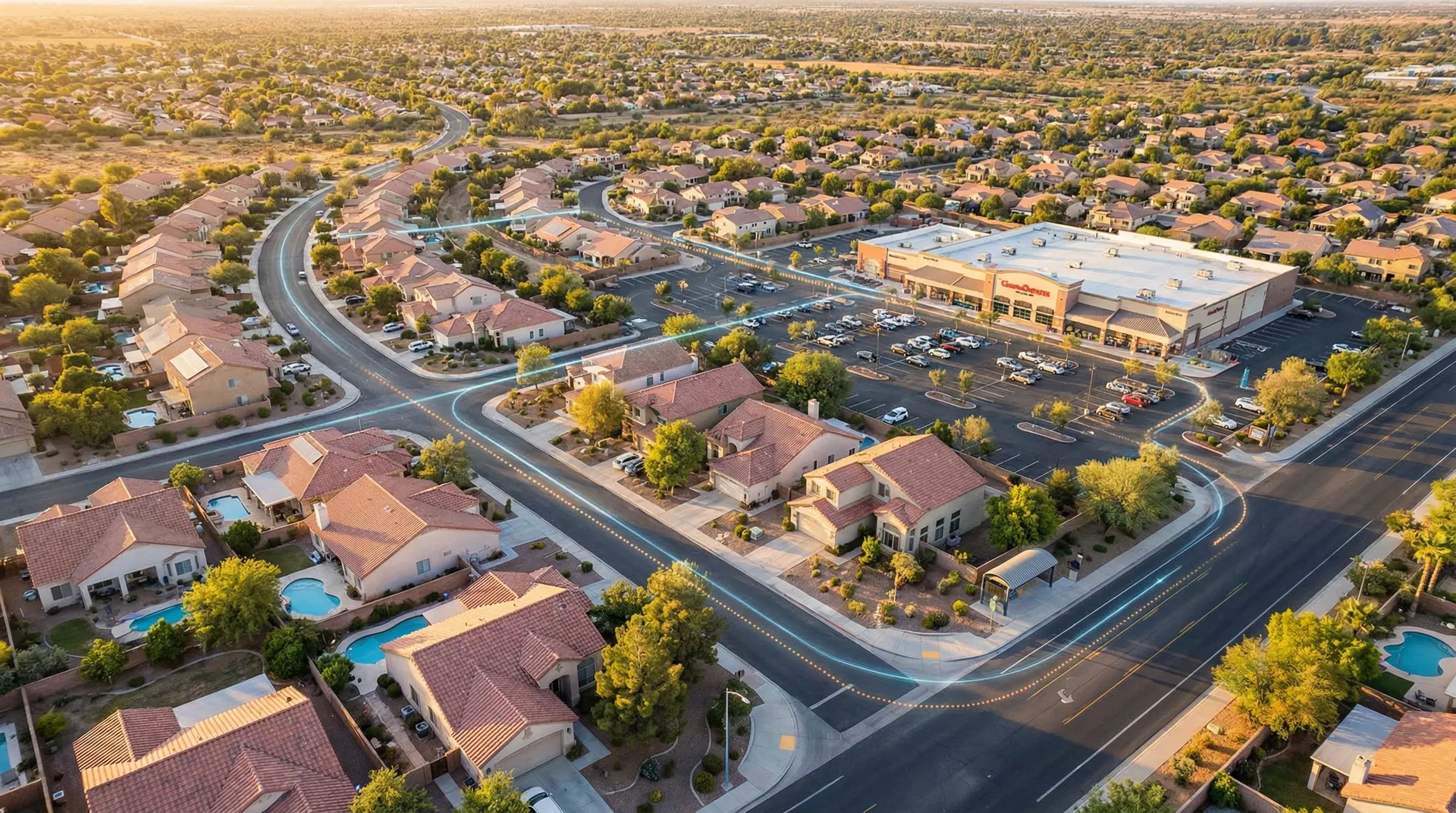 Aerial view of Inland Empire neighborhood showing transportation routes connecting homes to grocery stores
