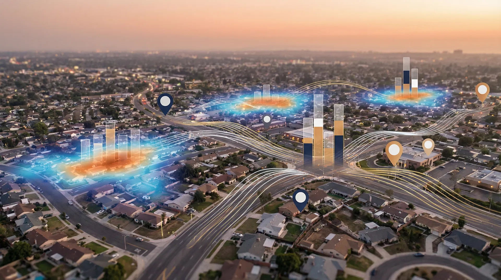 Aerial view of Riverside California with data visualization overlay showing infrastructure analysis