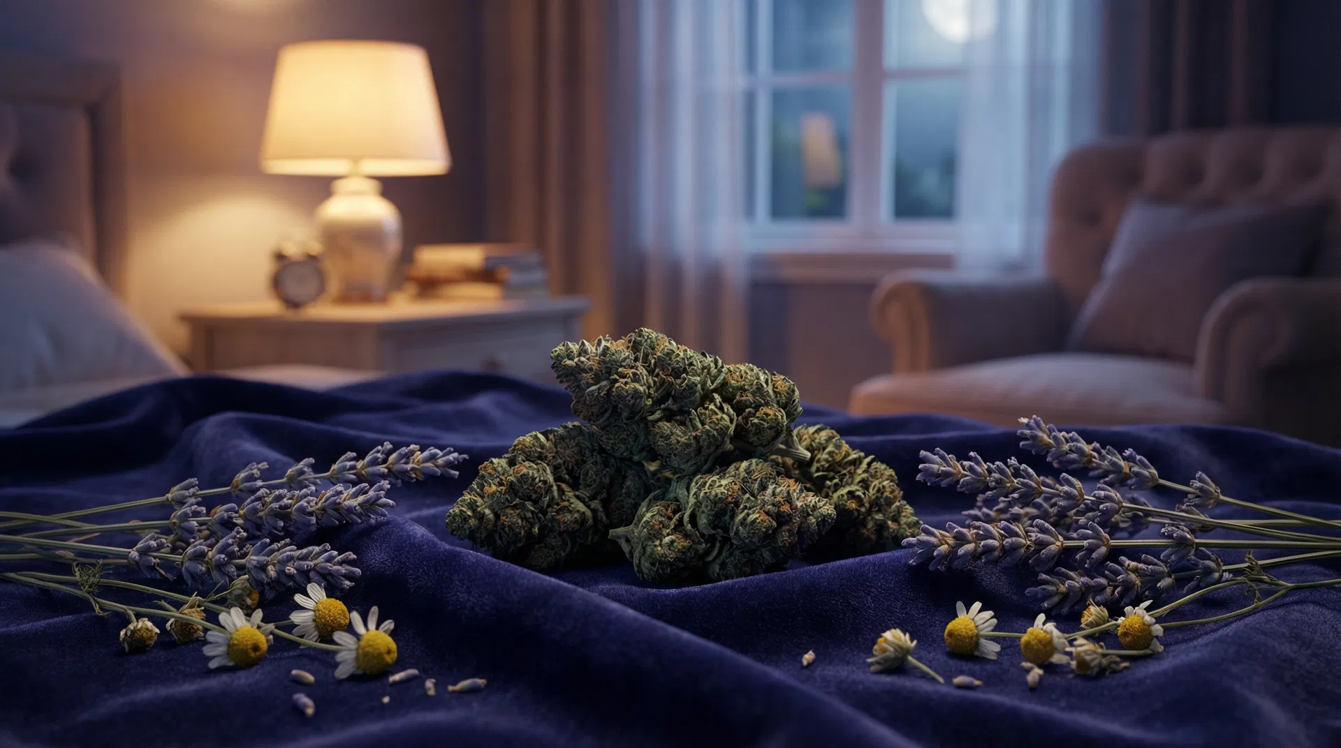 Premium indica cannabis buds on dark velvet with lavender and chamomile flowers for nighttime sleep and relaxation