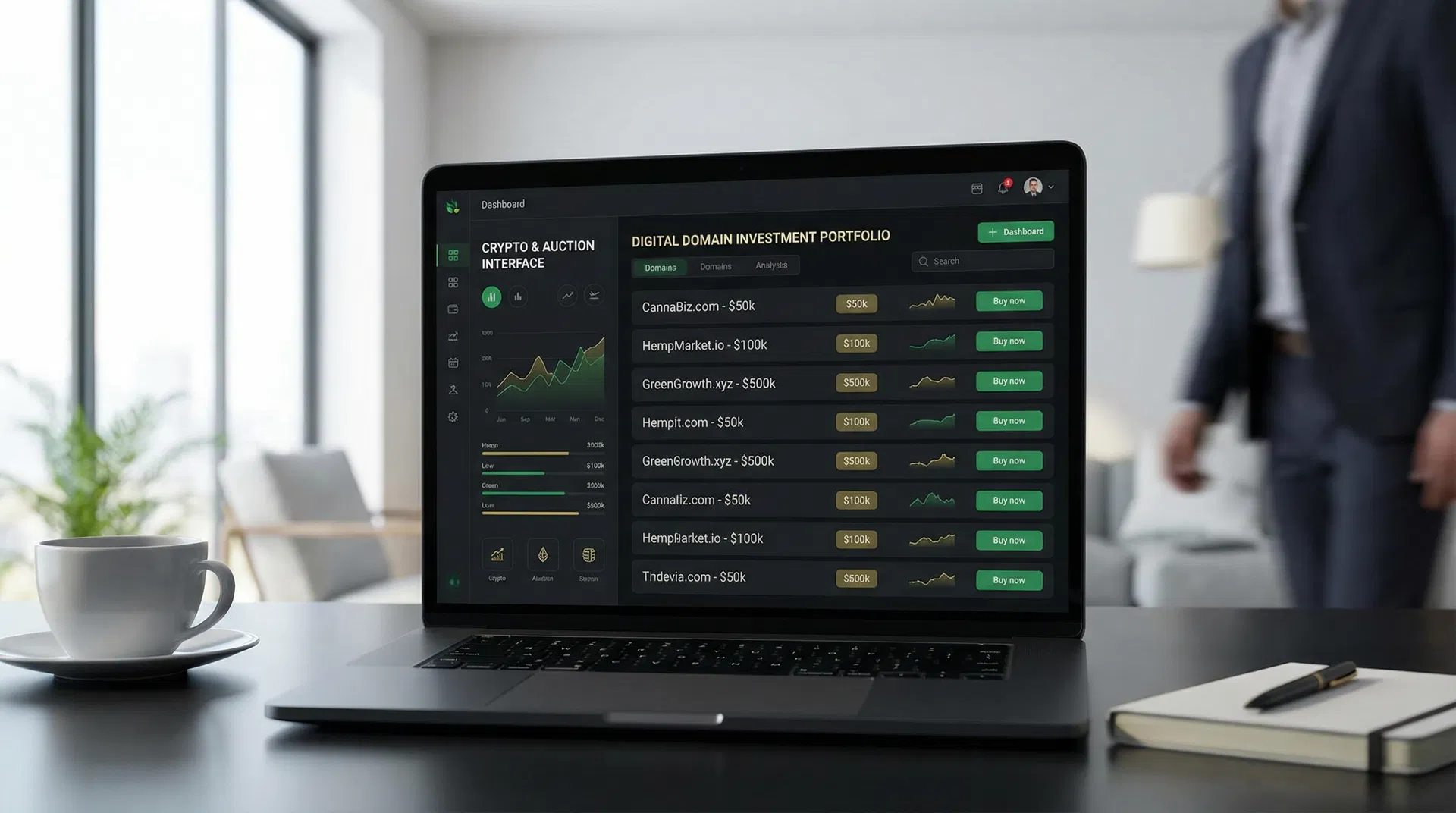 Cannabis domain flipping investment portfolio dashboard showing buy-low-sell-high strategy with premium domain valuations