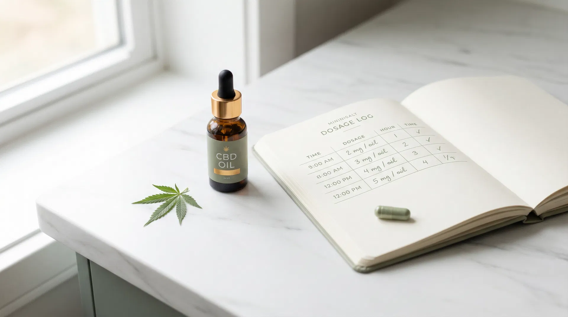 Cannabis microdosing setup with CBD oil dropper, dosage journal, and cannabis leaf on white marble surface