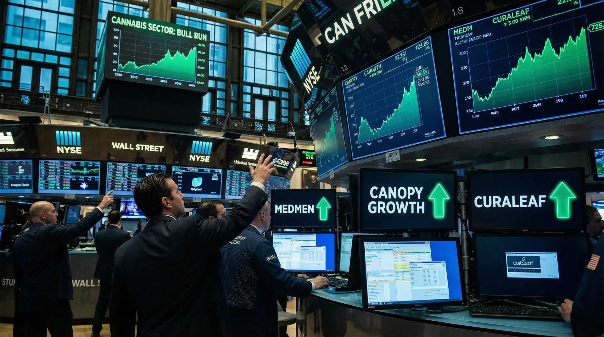 NYSE trading floor with cannabis sector bull run charts showing Canopy Growth, Curaleaf, and MedMen stocks rising in 2026
