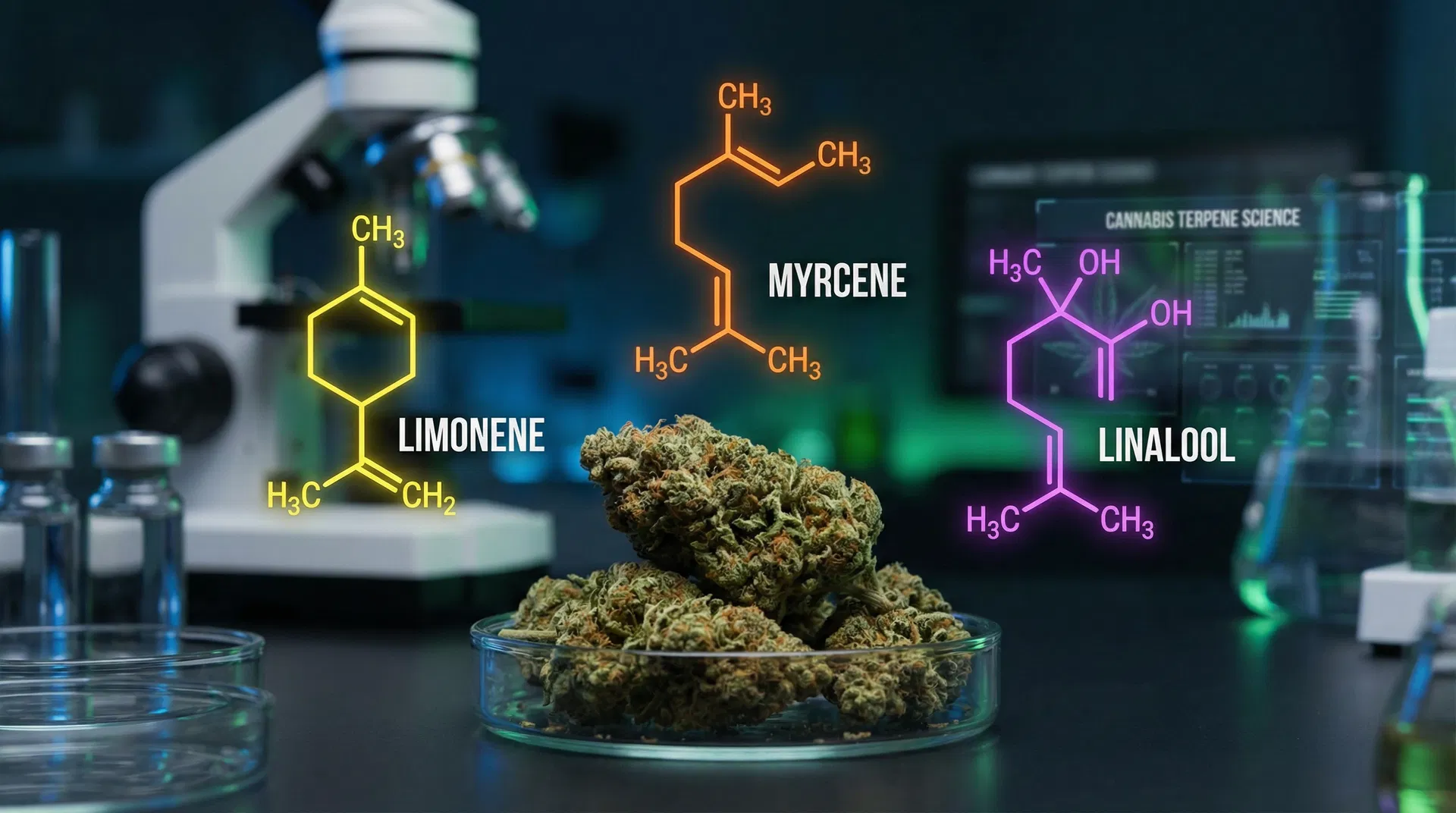 Cannabis terpene science visualization showing limonene, myrcene, and linalool molecular structures above premium cannabis buds in laboratory