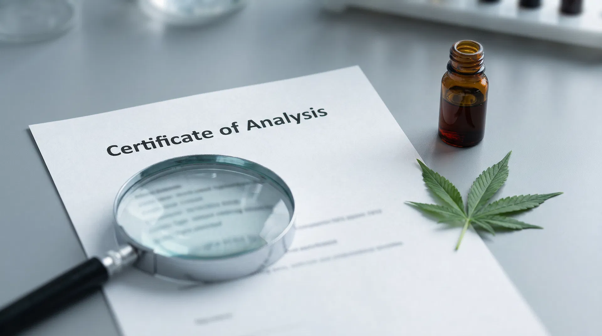 Cannabis Certificate of Analysis lab report with magnifying glass and cannabis leaf on a clean desk