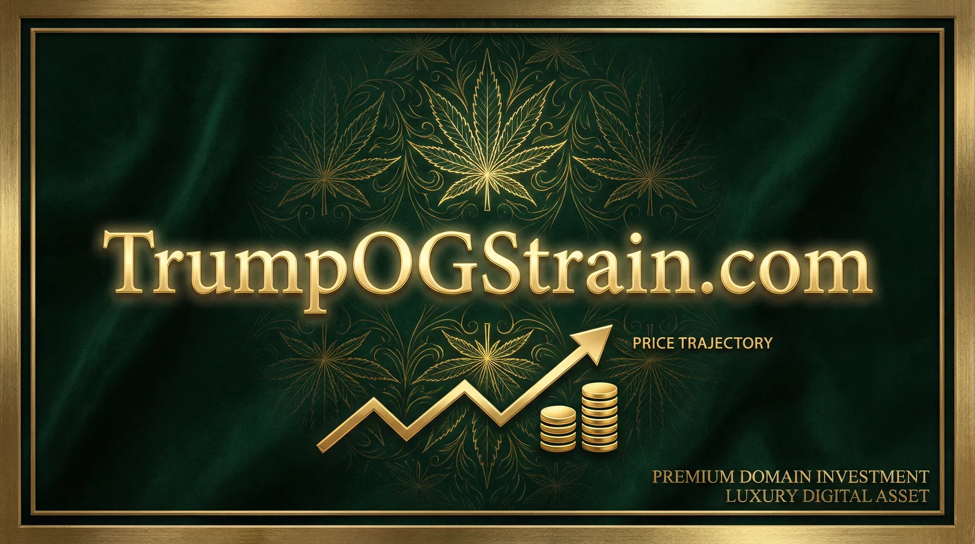 TrumpOGStrain.com premium cannabis domain investment concept with gold typography and upward price trajectory chart