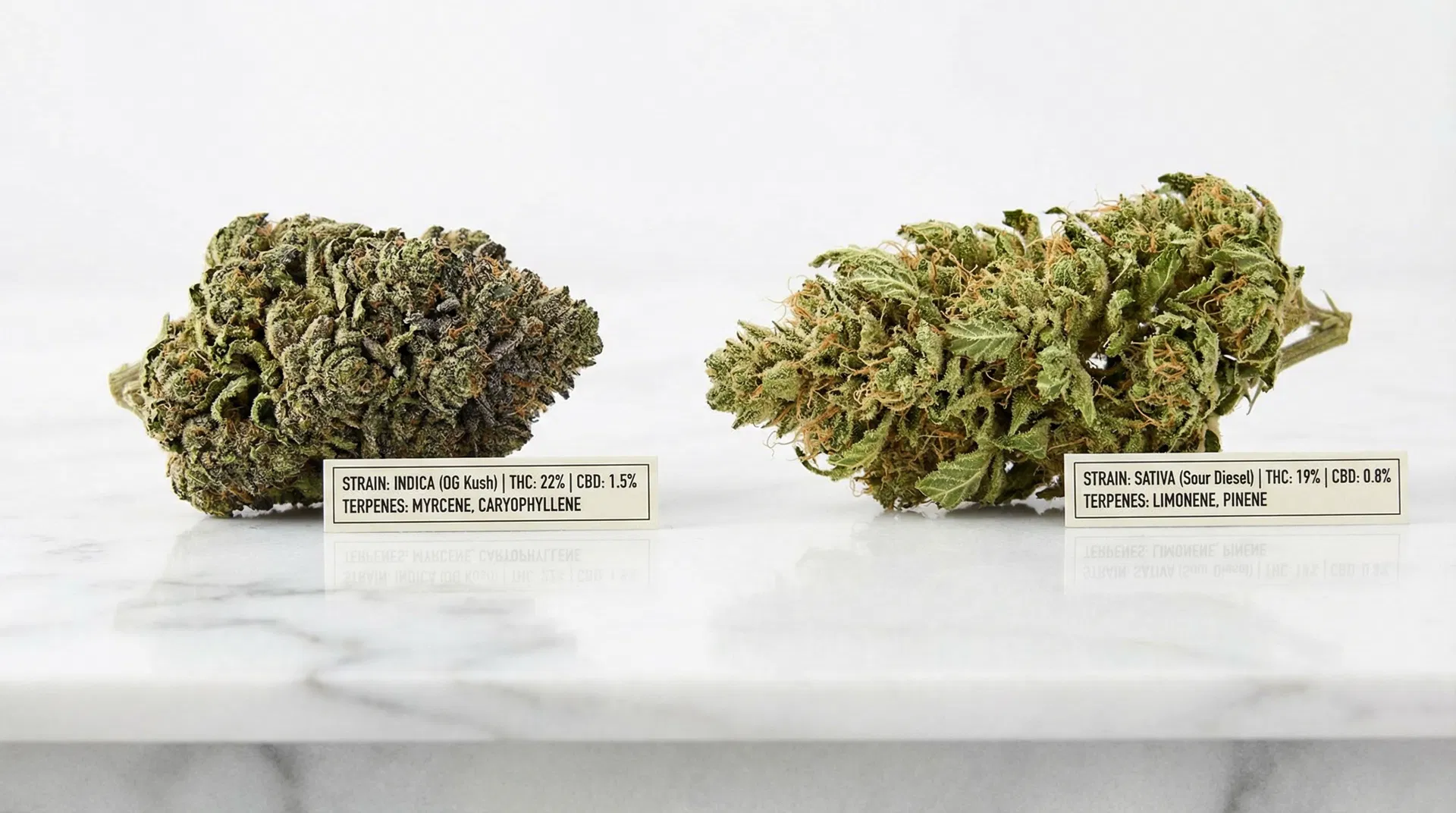 Side-by-side comparison of indica OG Kush and sativa Sour Diesel cannabis strains with THC and terpene labels on marble surface