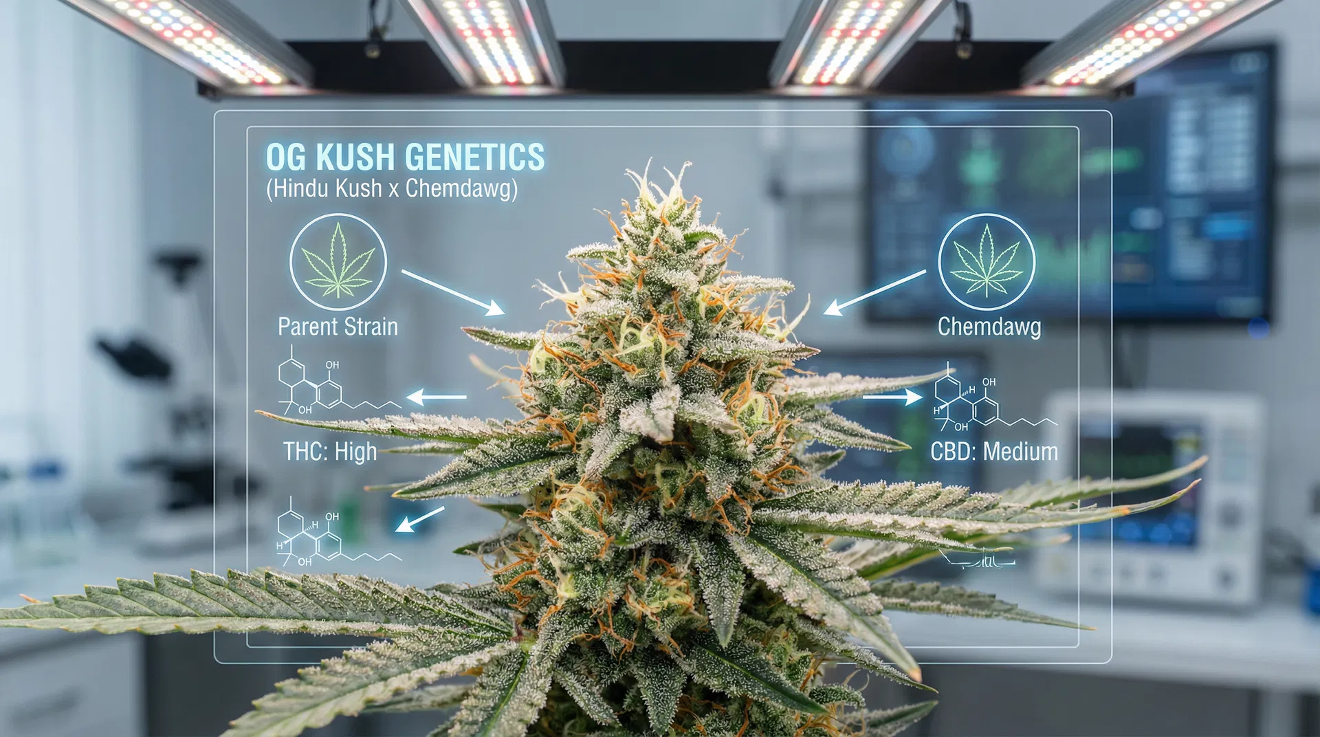 OG Kush cannabis strain genetics chart showing Hindu Kush and Chemdawg parent lineage under professional laboratory grow lights