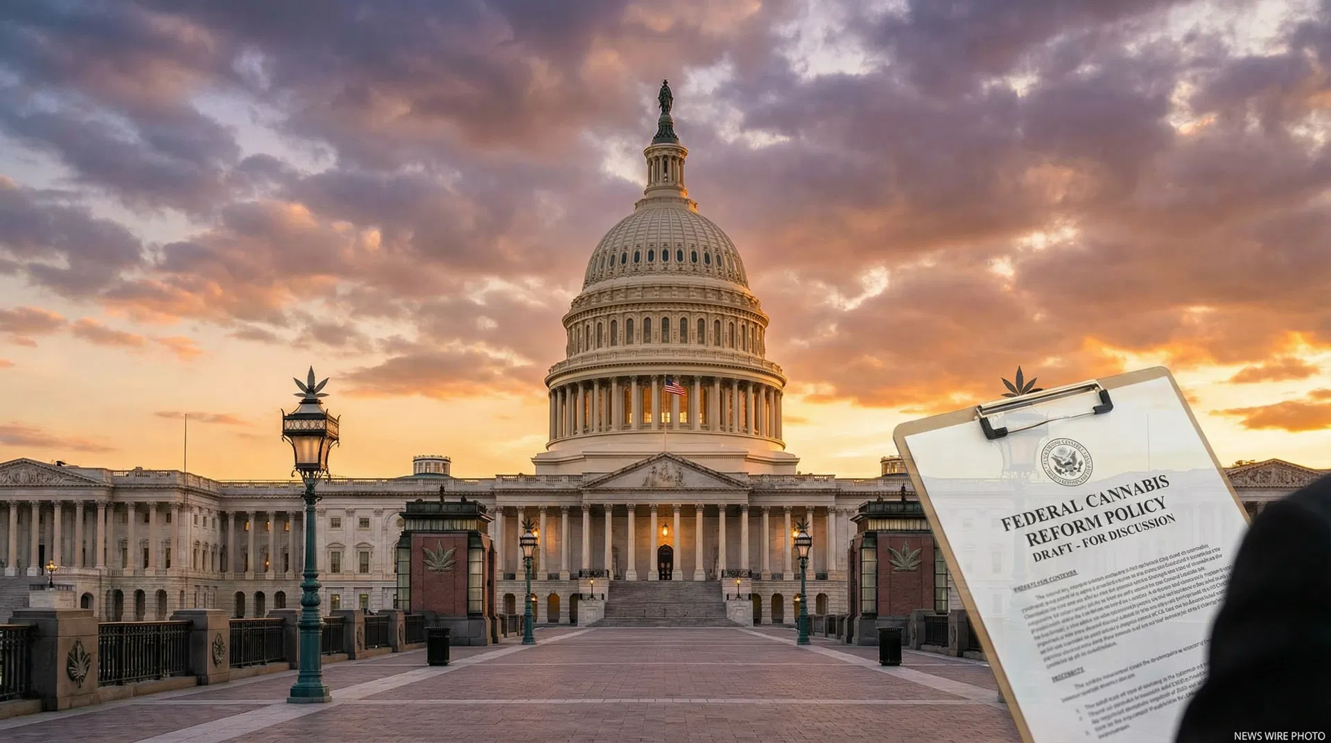 US Capitol with Federal Cannabis Reform Policy document representing Trump cannabis rescheduling to Schedule III in 2026