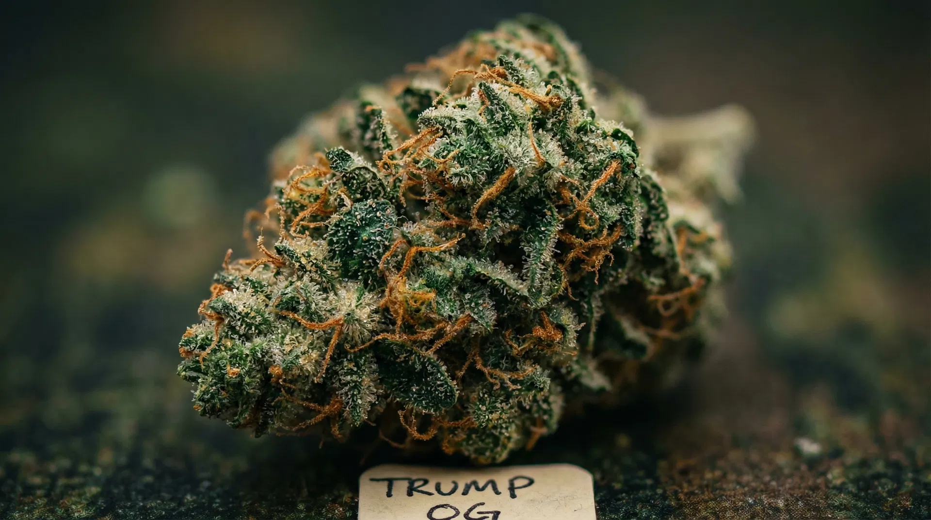 Trump OG cannabis strain bud with handwritten label representing political cannabis strain names as premium collector domains
