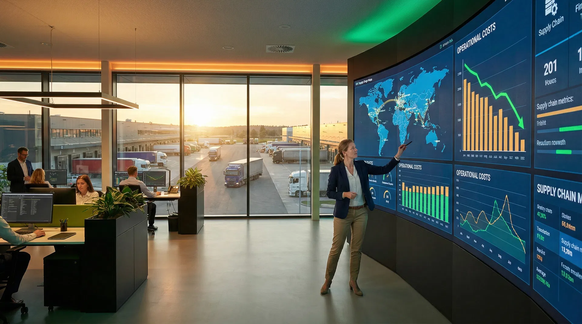 Logistics manager reviewing freight cost analytics dashboard with trucks visible through office windows