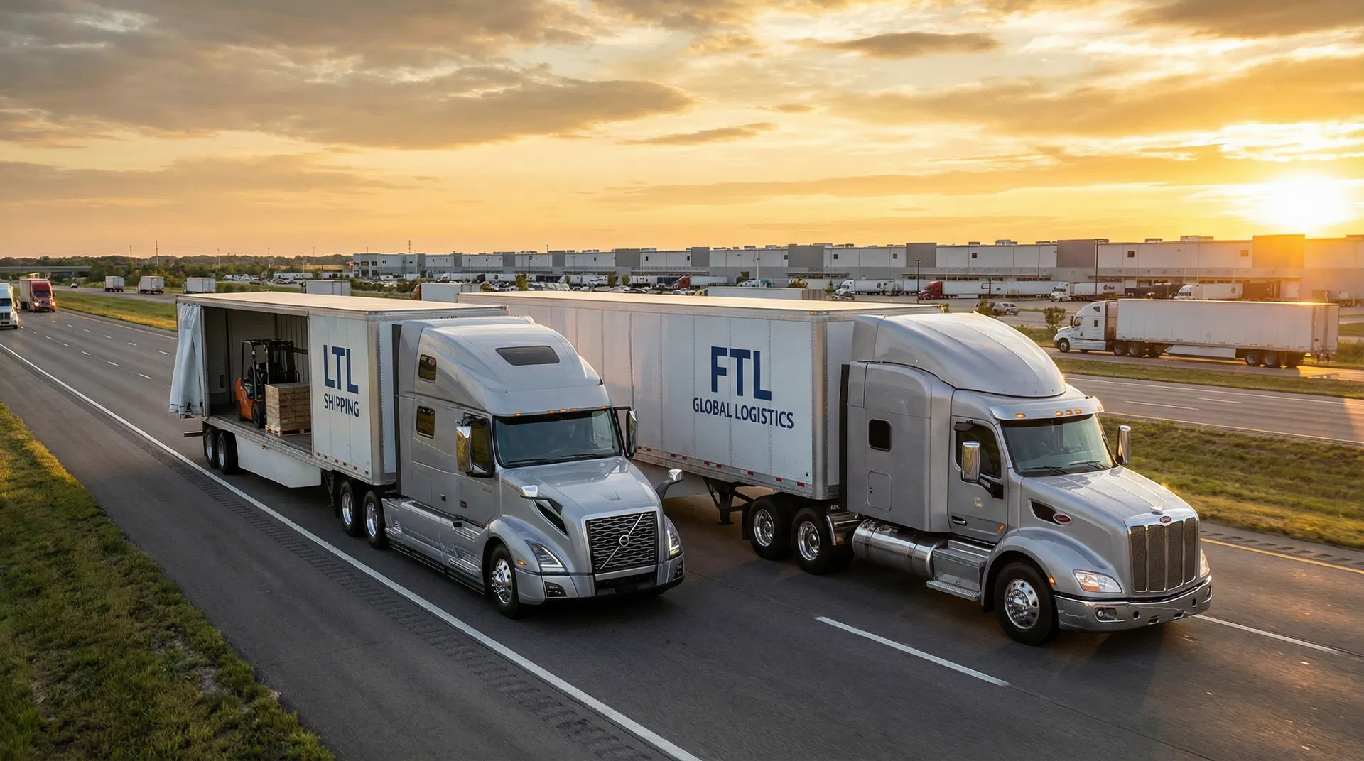 Two semi-trucks on a highway representing LTL and FTL shipping modes at sunset